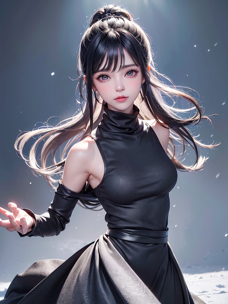 (From the waist up:1.5)((masterpiece:1.5、8k、Portraiture、フォトリアリスティックでVery detailedなCG、Very detailed、Particle Effects、Dynamic Effects、Written boundary depth、Cinematic Light、Lens flare、Ray Tracing、Tabletop、Realistic:1.4、Ultra-high resolution:1.2、Realistic、Realistic))((alone、Turtleneck dress,No sleeve、Woman in a black fur coat:1.4、Exposed sideways breast doll-like pose、Detailed face、bright表情、young, bright, Whiter skin、Small breasts:1.4、Best Looks、Ultimate beauty、Grey hair with shiny highlights:1.8、bright and shiny hair,、Arranged Hair、Hair dancing in the wind))(morning、In the background is a snowy hill overlooking the ruins...)