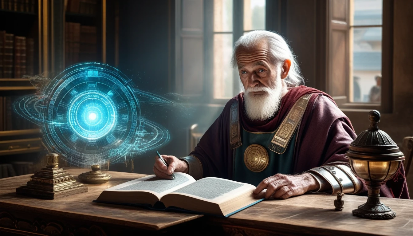old man from the Roman Empire, with idea, old book, antique table, futuristic machine hologram floating on the page