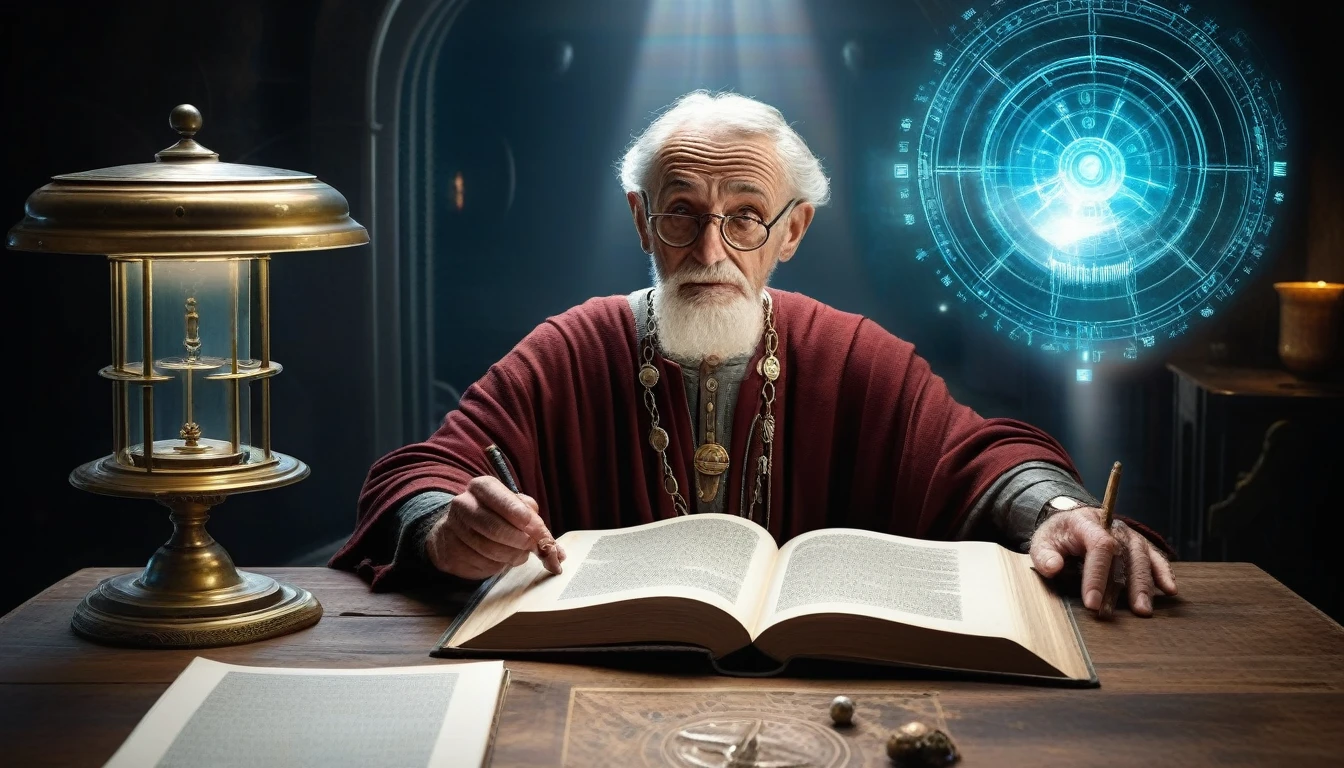 old man from the Roman Empire, with idea, old book, antique table, futuristic machine hologram floating on the page