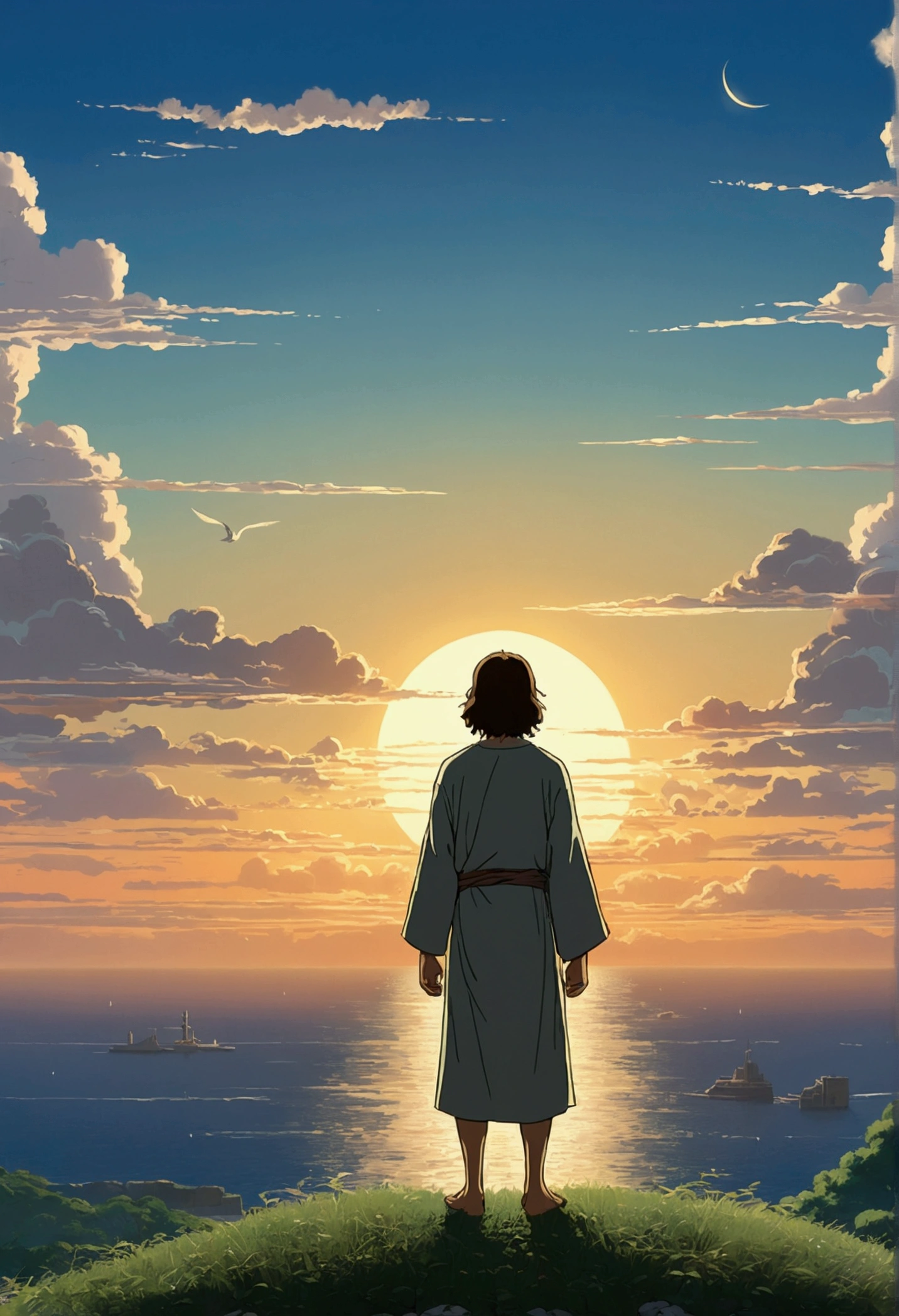 Jesus na Cruz, by makoto shinkai and studio ghibli, outlined silhouettes, dramatic lighting, highy detailed, incredible quality, trends on ArtStation, work of art, 8k