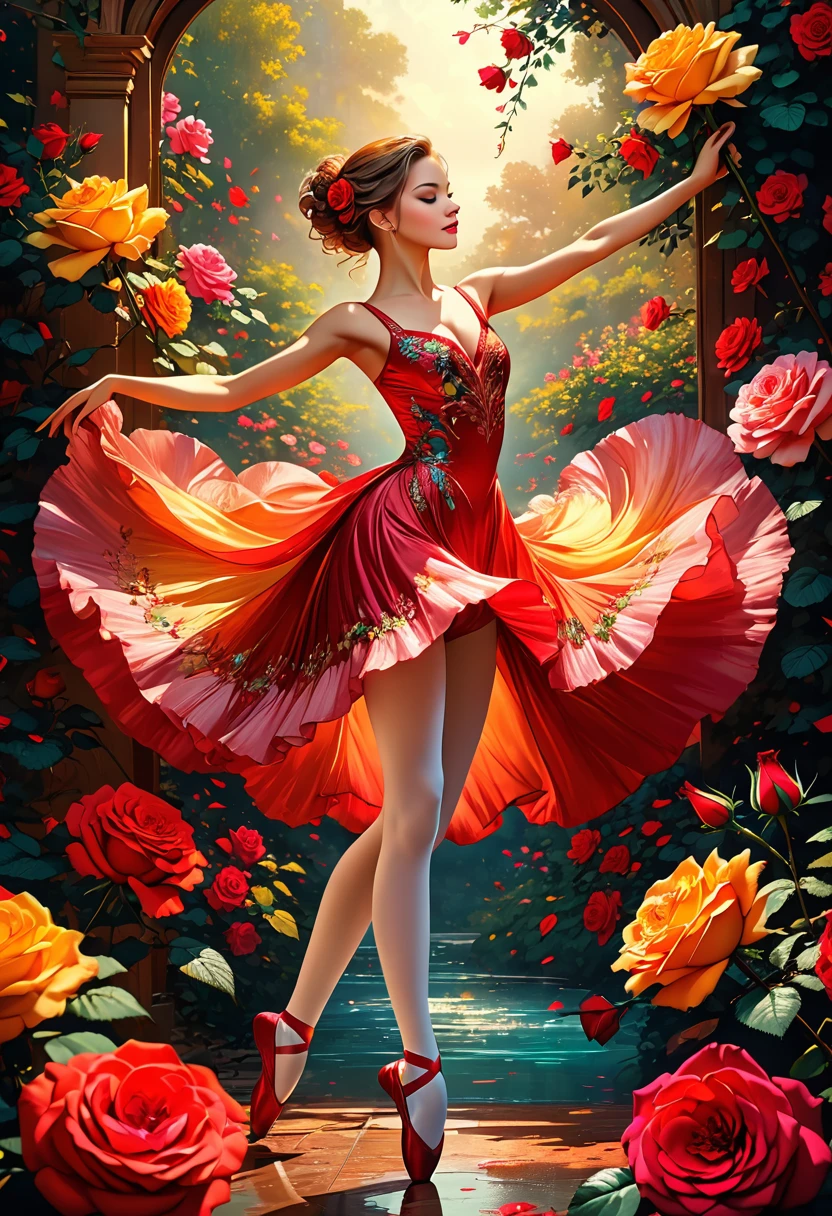 a portrait of female classical ballet prima ballerina dancer in the ((middle of blossoming rose)), a full body picture ((anatomically correct: 1.5)) of a exquisite beautiful female dancer wearing silk evening dress, intricate dress dynamic hair color, dynamic hair style, dynamic skin complexion, wearing ballet shoes, wearing thigh highs, she is standing in the middle of a magnificent, epic rose, she stands in the middle of the flower, dynamic background,  vibrant, Ultra-high resolution, High Contrast, (masterpiece:1.5), highest quality, Best aesthetics), best details, best quality, highres, 16k, (ultra detailed: 1.5), masterpiece, best quality, (extremely detailed) RAW, (ultra details, Masterpiece, best quality), Cinematic Hollywood Film, artxldnc, 