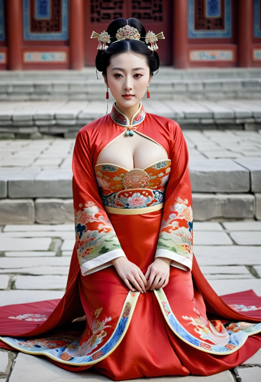 A woman seen from the front, facing forward, legs spread apart on the ground, thighs raised. Empress of the Qing Dynasty, Chinese imperial court. The empress of China is not wearing a crown and is wearing a red Manchu dress with a floral pattern, open at the front, exposing her chest, stomach, thighs and toes.。She is wearing no underwear, and her large breasts are exposed, right down to her bare stomach. Her hair is tied up and pulled up, and the background is the stone pavement of the Chinese palace of the Qing Dynasty.