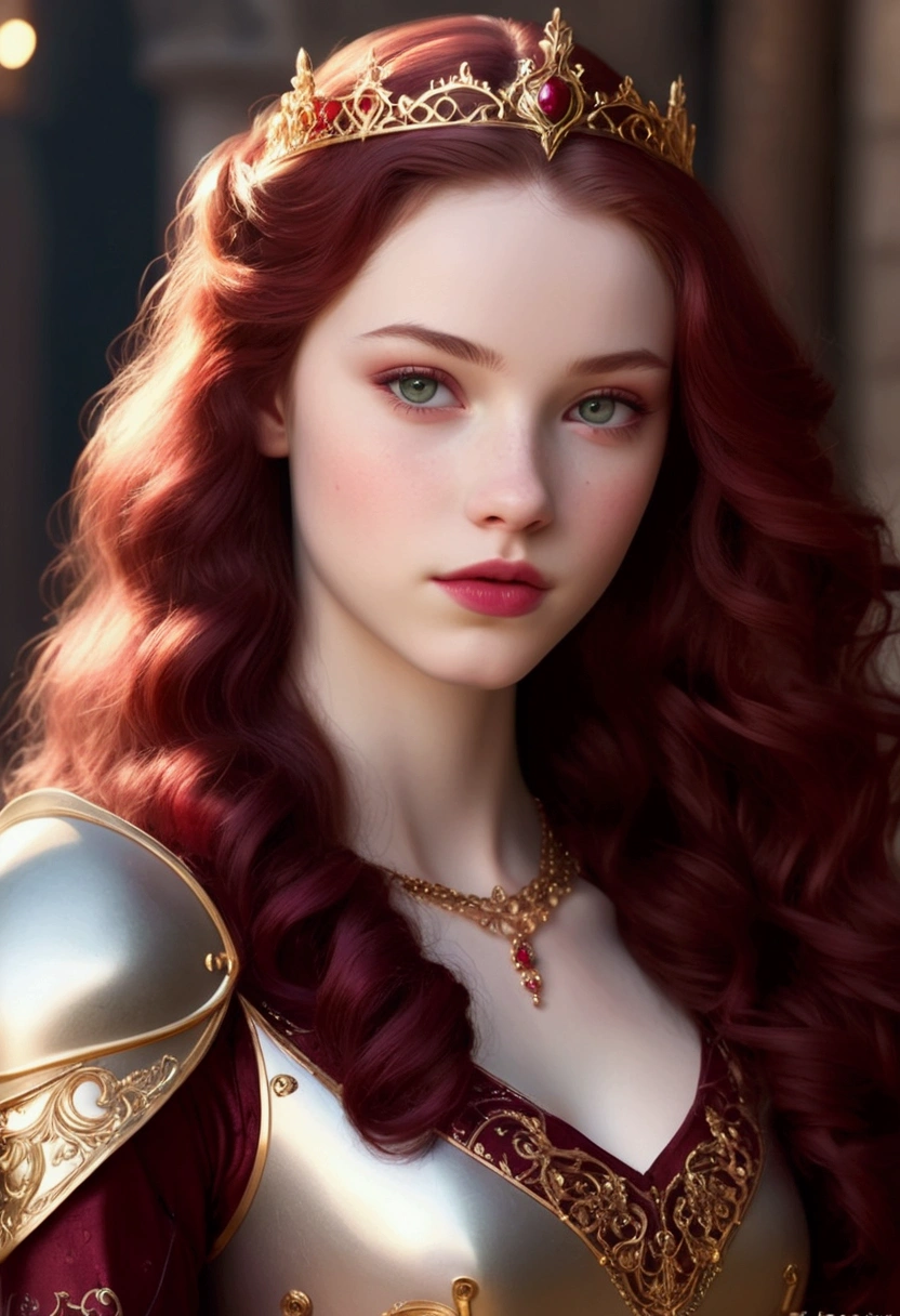 An 18 years old European girl with pale skin and long, wavy burgundy hair. large and glowing blood red eye, with full blood red lips, with an adorable, and innocent face. She should have a happy expression, wearing a pink, gold, and rose gold colored princess knight armor, with an elegant and regal theme, something that emphasizes her sweet and compassionate personality. Overall, her appearance would be striking, attracting curious looks. small chested, cinematic lighting, chromatic aberration, backlighting, masterpiece, high details, high quality, 4K., (((full body shot)))