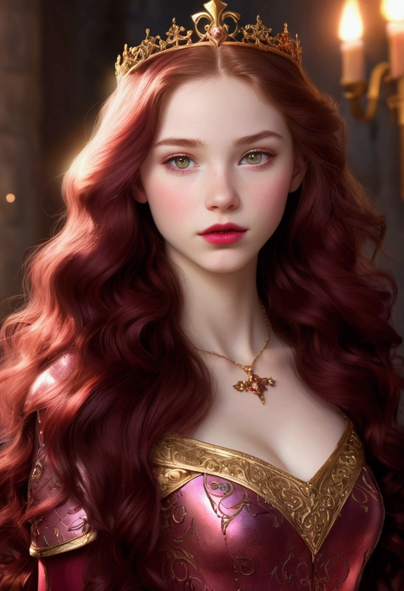 An 18 years old faerie girl with pale skin and long, wavy burgundy hair. large and pink eyes, with full blood red lips, with an adorable, and innocent face. She should have a happy expression, wearing a pink, gold, and rose gold colored princess knight armor, with an elegant and regal theme, something that emphasizes her sweet and compassionate personality. Overall, her appearance would be striking, attracting curious looks. small chested, she should have a red scar over her heart, cinematic lighting, chromatic aberration, backlighting, masterpiece, high details, high quality, 4K., (((full body shot)))