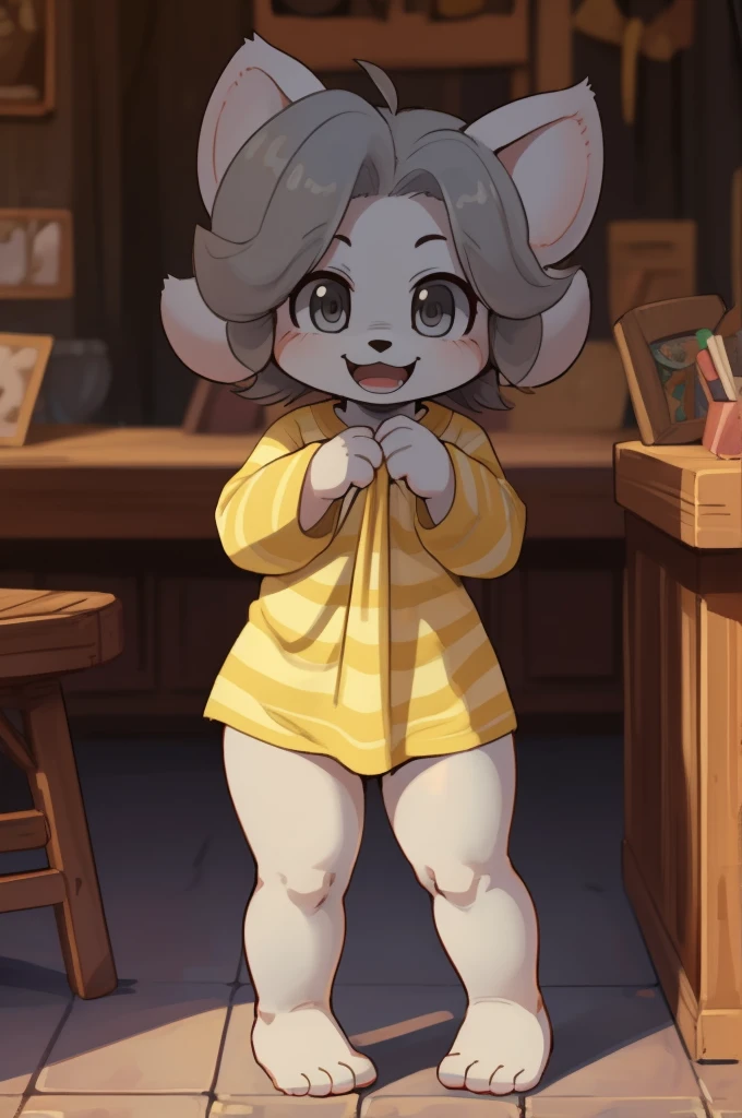 (toddler:1.5), kemono, art by dagasi, [temmie], [undertale], [Uploaded to e621.net; (Pixelsketcher), (wamudraws)], ((masterpiece)), ((HD)), ((solo portrait)), ((feet visible)), ((furry; anthro)), ((detailed fur)), ((detailed shading)), ((beautiful render art)), {anthro; (slim figure), (white body fur), black nose, cute grey eyes, short grey hair, (curvy hips), (beautiful legs), (beautiful feet), (excited smile)}, [(slim figure, skinny)], {(long blue-yellow striped tee shirt)}, playing casually, holding his shirt with his hands and lifting it up, showing the crotch, detailed female crotch, {(standing), (looking at viewer)}, [background; (shop), (countertop), (ambient lighting)]