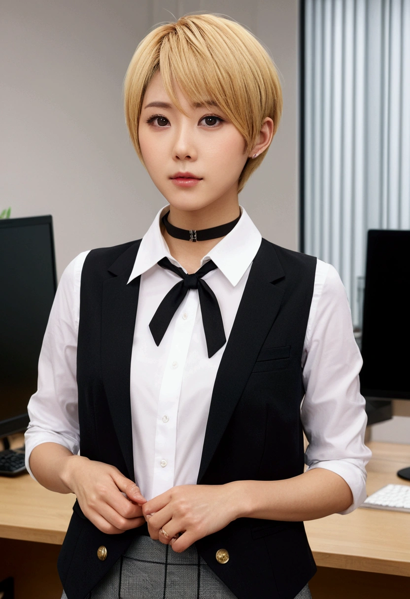 (Highest quality, High resolution, Realistic, to be born, 8k,masterpiece, ),(Audience friendly)、Shoot from the front、Highest quality, masterpiece8k.High resolution. High resolutionabsurdres:1.2, (Inside the office)、(Natural light), (delicate), (Sensual)、Japanese、blonde、Pixie Cut、Black choker、uniform、OL、office lady、White shirt、Brown vest