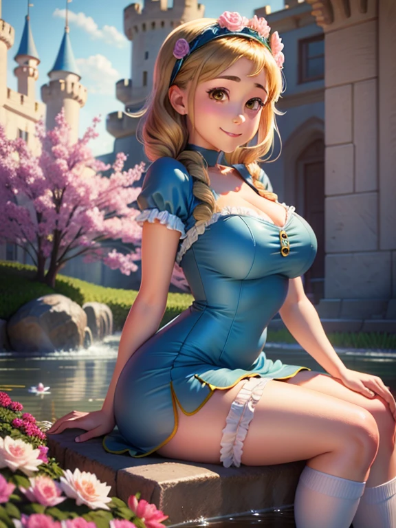 (masterpiece), (Best Quality), (extremely detailed), Agnes Gru, Very short blue dress White apron, black headband, blond hair, Long white socks up to the legs, cute sitting pose with legs open, Her pink vagina will be seen and she will be looking at the viewer with a sensual and seductive face., in a flower garden, (pond), (((Disney castle in the background))), (blue sky), (sunny day), 3D. illustration, Good highlights, perfect proportions, dynamic, professional, awarded, (very detailed skin), (Very detailed face), photorealistic, HdR, ultra high resolution, absurdities, perfect body shape, Nice smile, big breasts, very big buttocks, Wide hips, very sexy,  