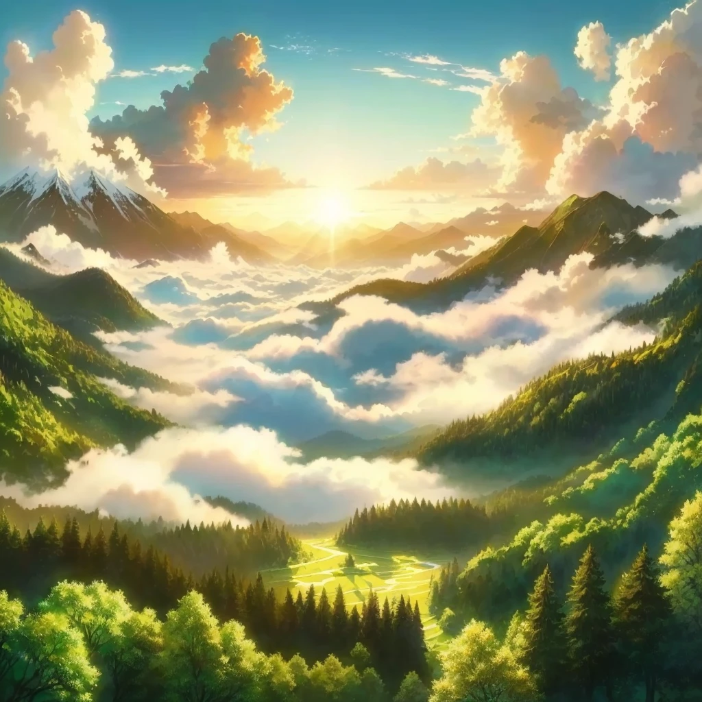 a painting of a mountain landscape with a valley and clouds, anime nature, made of tree and fantasy valley, anime landscape wallpaper, anime countryside landscape, anime landscape, studio ghibli sky, beautiful anime scenery, anime background art, anime background, anime clouds, beautifull puffy clouds. anime, anime beautiful peace scene, sky forest background, anime movie background, studio ghibli sunlight greener forest resize to 2500x2000