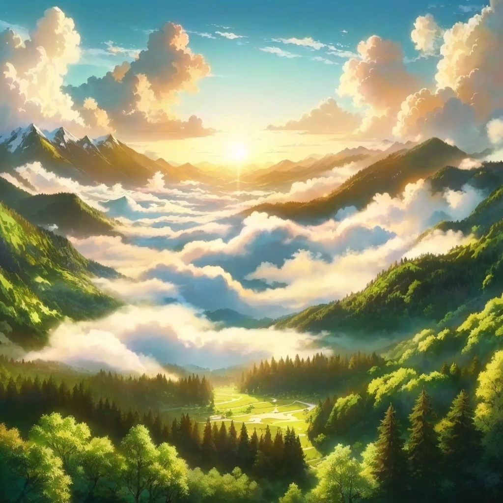 a painting of a mountain landscape with a valley and clouds, anime nature, made of tree and fantasy valley, anime landscape wallpaper, anime countryside landscape, anime landscape, studio ghibli sky, beautiful anime scenery, anime background art, anime background, anime clouds, beautifull puffy clouds. anime, anime beautiful peace scene, sky forest background, anime movie background, studio ghibli sunlight greener forest resize to 2500x2000