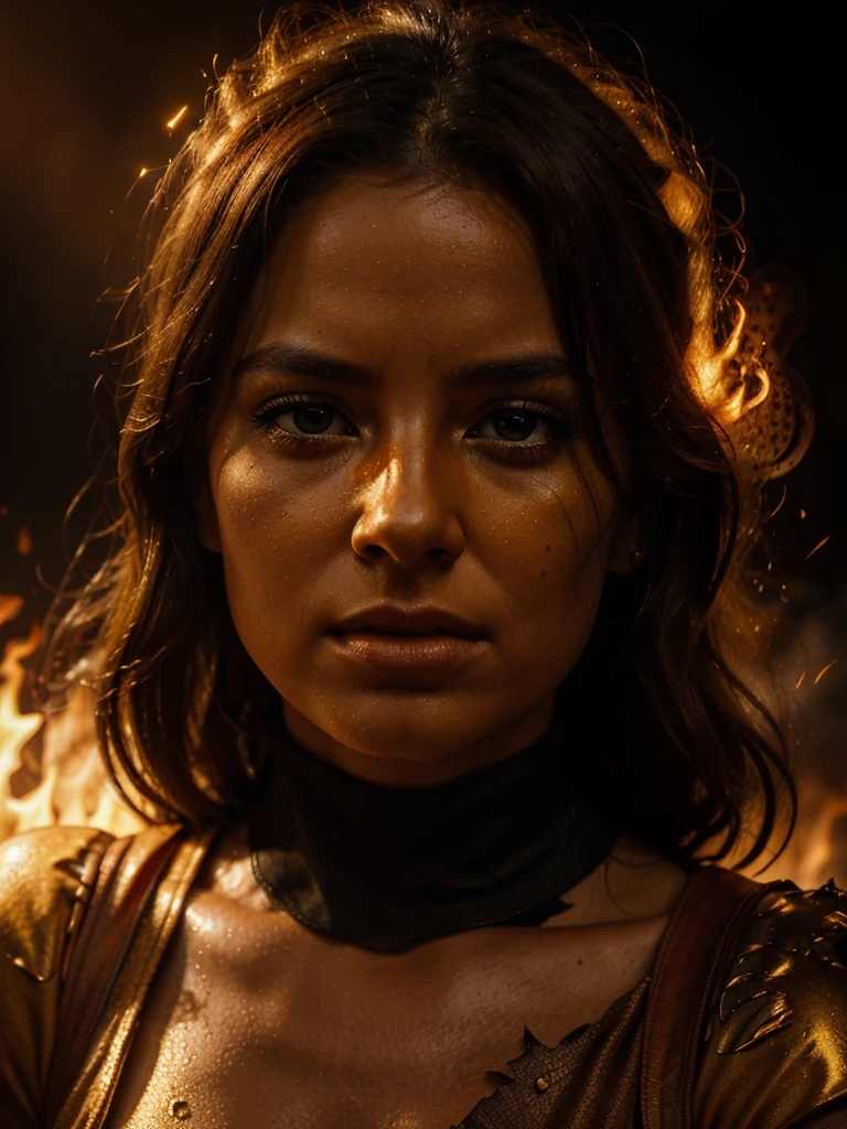beautiful woman, fire, flames, embers, scorched earth, dramatic lighting, golden orange glow, intense heat, powerful, cinematic, volumetric lighting, chiaroscuro, photo-realistic, 8k, high resolution, detailed, intricate, hyperrealistic, dramatic expression, intense gaze