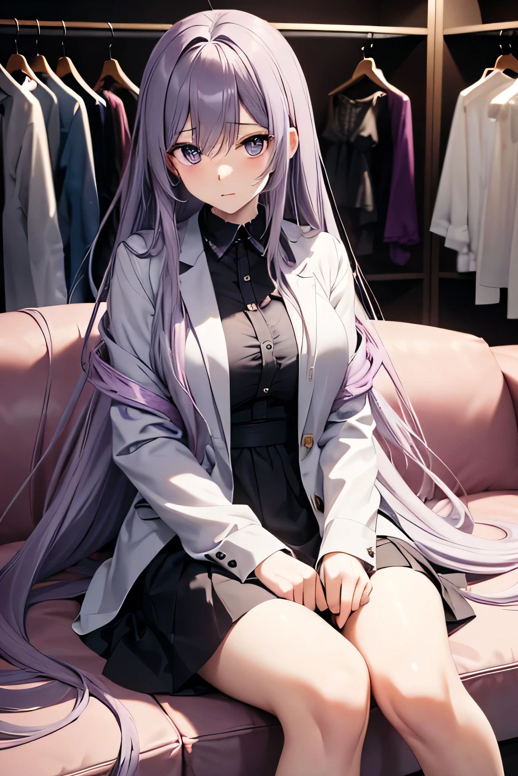 Adult Anime Girl 2d Long Hair Loose light Purple-Grayish, Age Adulthood adult, in elegant clothes with normal, sitting on a sofa inside of her big luxurious closet with a lote of clothes flooding and hanging, disgusting expression, big space with a lot of clothes