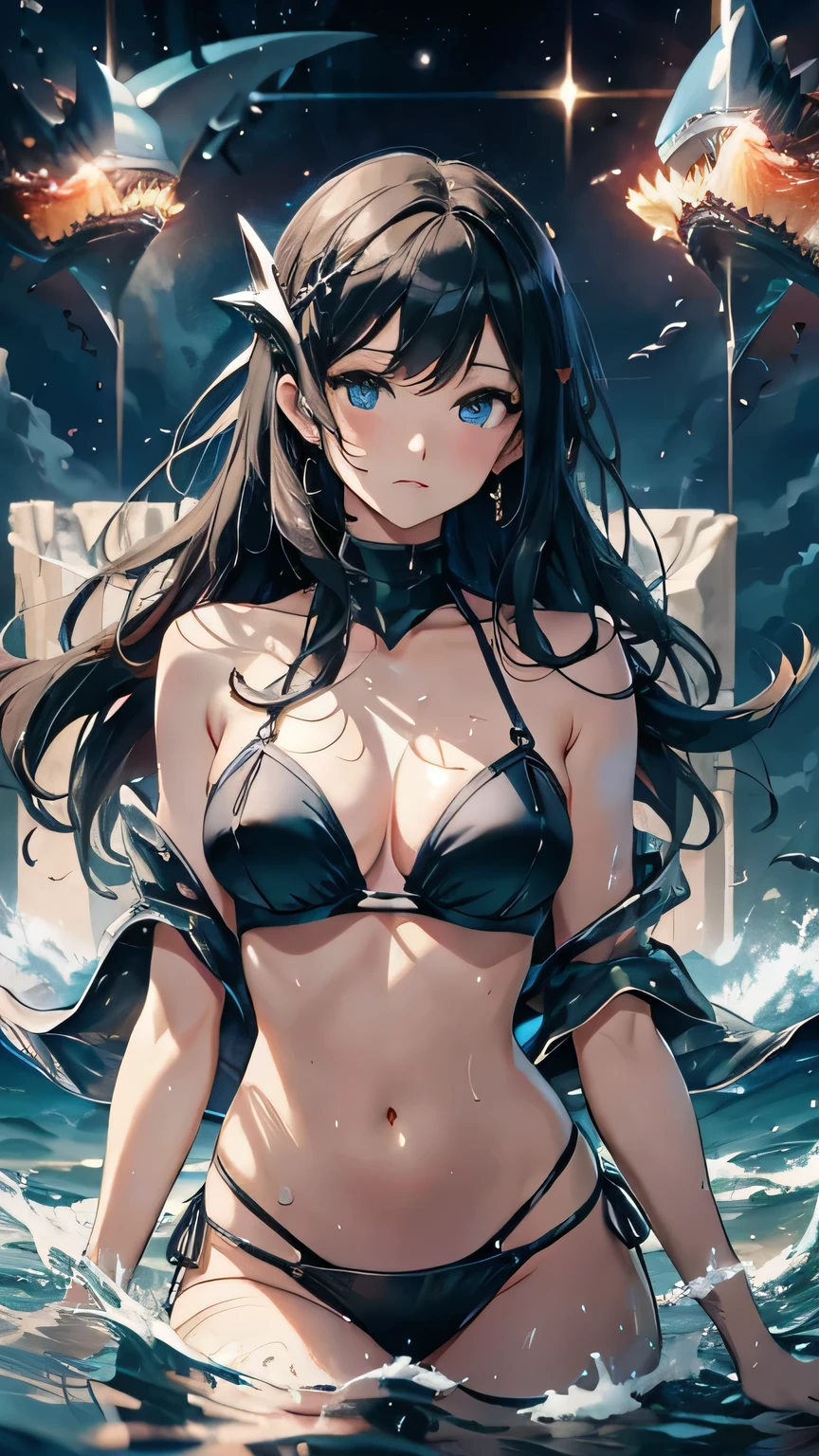 最high quality、Best image quality、masterpiece、With a girl((cute、、Best Bust、Medium Bust、Beautiful Blue Eyes、Spread your chest wide,Black Hair、Disheveled Hair、thin、Highest Valley、Black Bikini(1:2)、My whole body is wet、swim、Sea Floating、Have a cider))high quality、Beautiful art、background((Sea、deep sea、shark、Space Sky)),Tabletop、Exquisite design、Visual Arts、Written boundary depth、Best lighting、Highest detail、8k