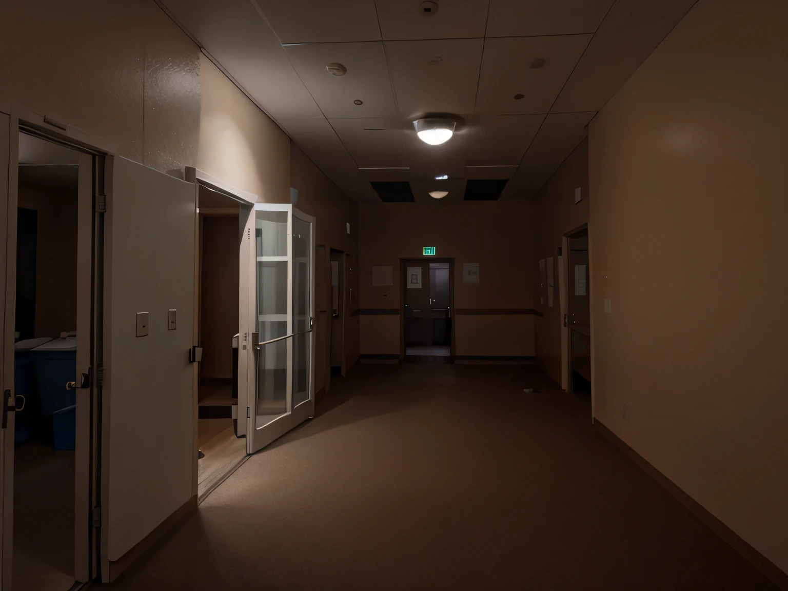 inside of clinic building, at night, dark