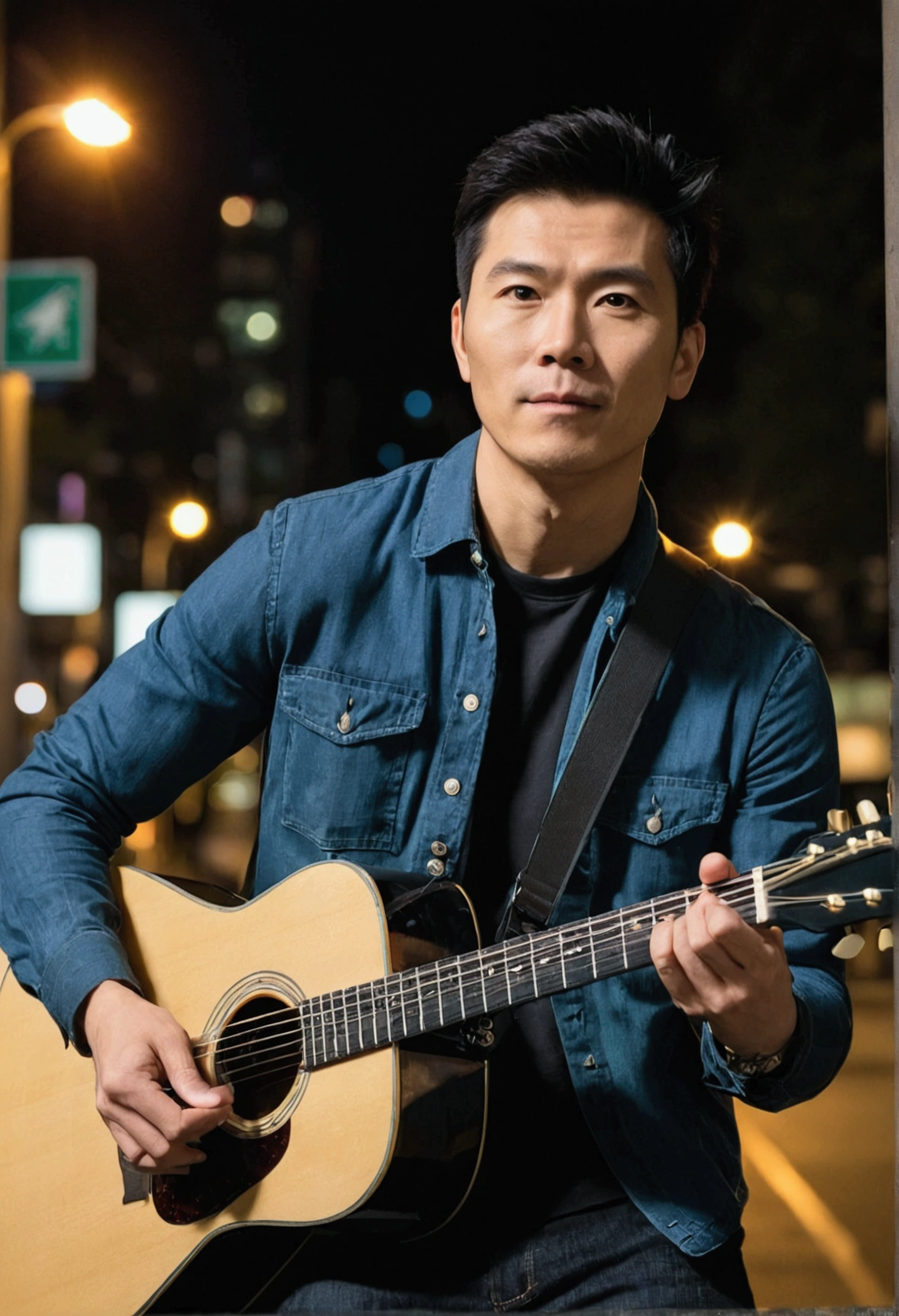 Realistic portrait in Vancouver night streets, looking at the camera from the front, urban style, super detail masterpiece, pore detail :1.2, shot with sony a7 mark 4, handsome Chinese man 30 years old, thin man, (portrait: 0.5), candid man posing, wearing black shirt and blue jeans, youthful look, (short black hair), shot with sony 18mm lens, wide view, photography techniques used: rule of thirds, centering and symmetry, foreground interest and depth, (frame to frame), (spatial rules), (shot from below), he is playing guitar.