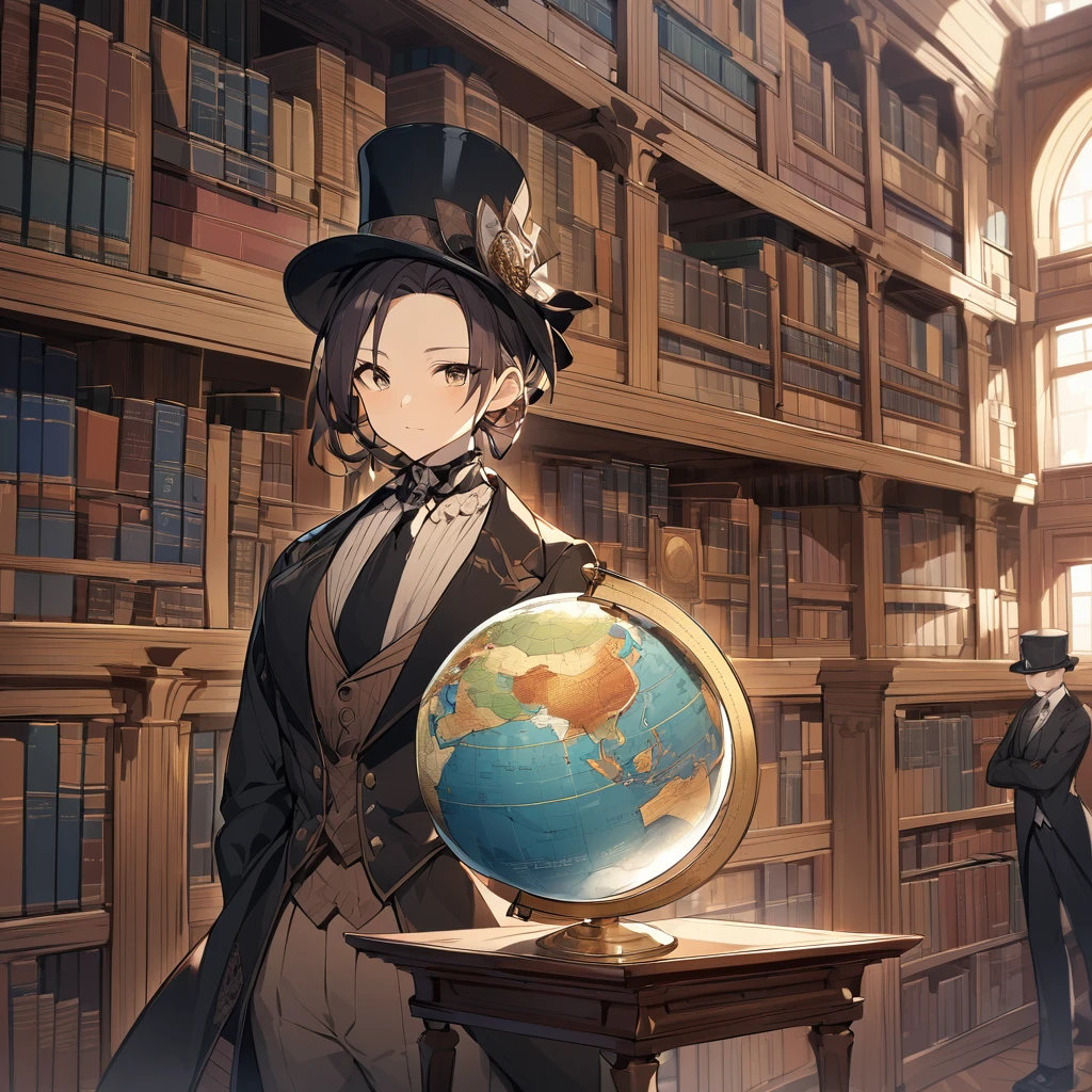 "Please draw an illustration of a globe serving as a head.。Dressed in Victorian era attire、Wearing a top hat、Wearing a suit and tie。On the face of the globe、The continents and oceans are clearly depicted.、There is no facial expression、Overall, this posture gives an impression of intelligence and sophistication.。In the background is an old-fashioned library.、There are many books on the bookshelf。