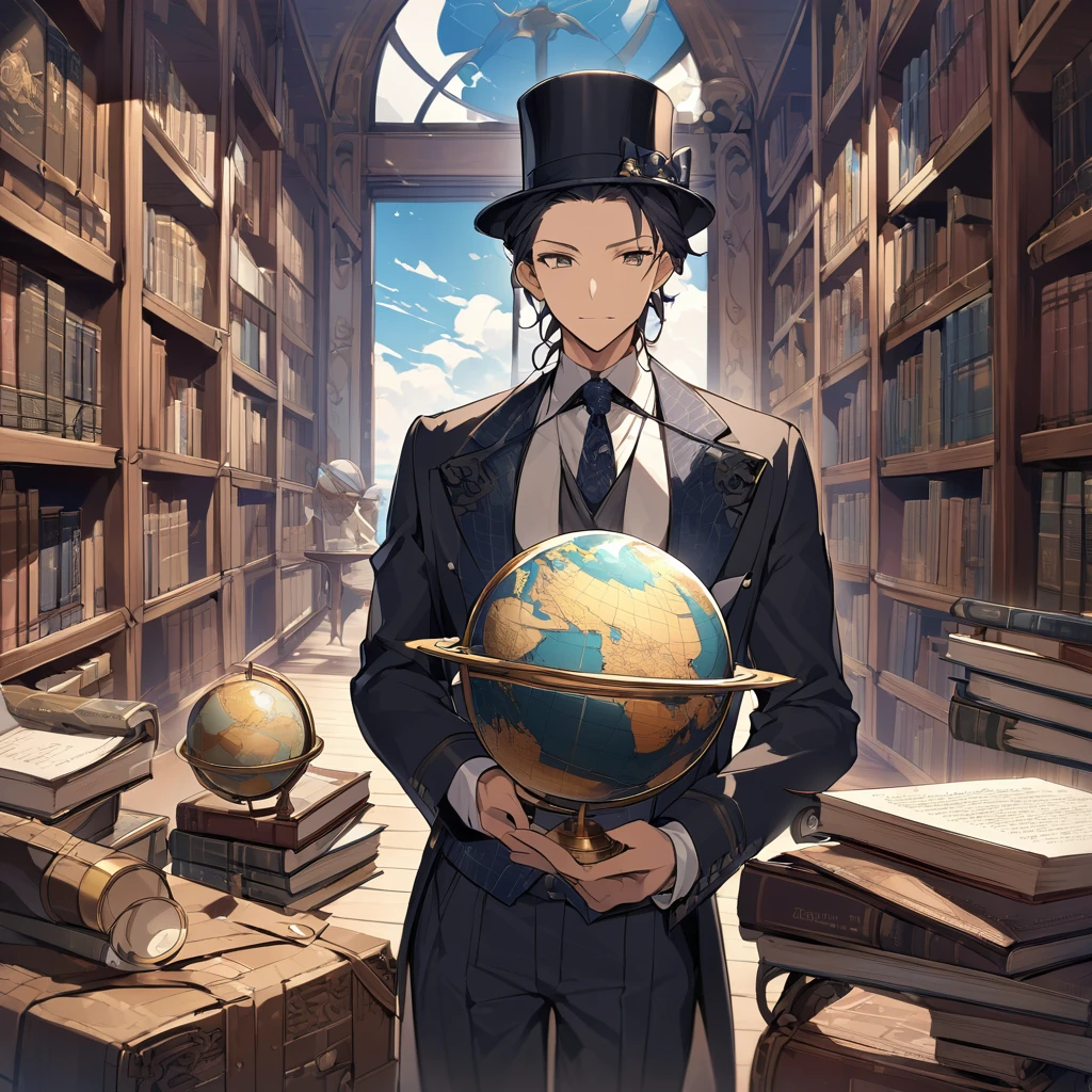 "Please draw an illustration of a globe serving as a head.。Dressed in Victorian era attire、Wearing a top hat、Wearing a suit and tie。On the face of the globe、The continents and oceans are clearly depicted.、There is no facial expression、Overall, this posture gives an impression of intelligence and sophistication.。In the background is an old-fashioned library.、There are many books on the bookshelf。