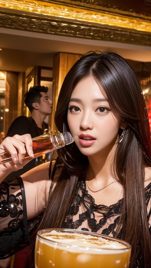 SFW, Highest Quality, realistic, Masterpiece, KTV, crazy party, sexual entertainment, korea, noisy, unkempt, lewd, erotic, Korean men enjoying entertainment, wealthy man, the rich, Enjoying alcohol and the ladies of the entertainment establishment, detailed face