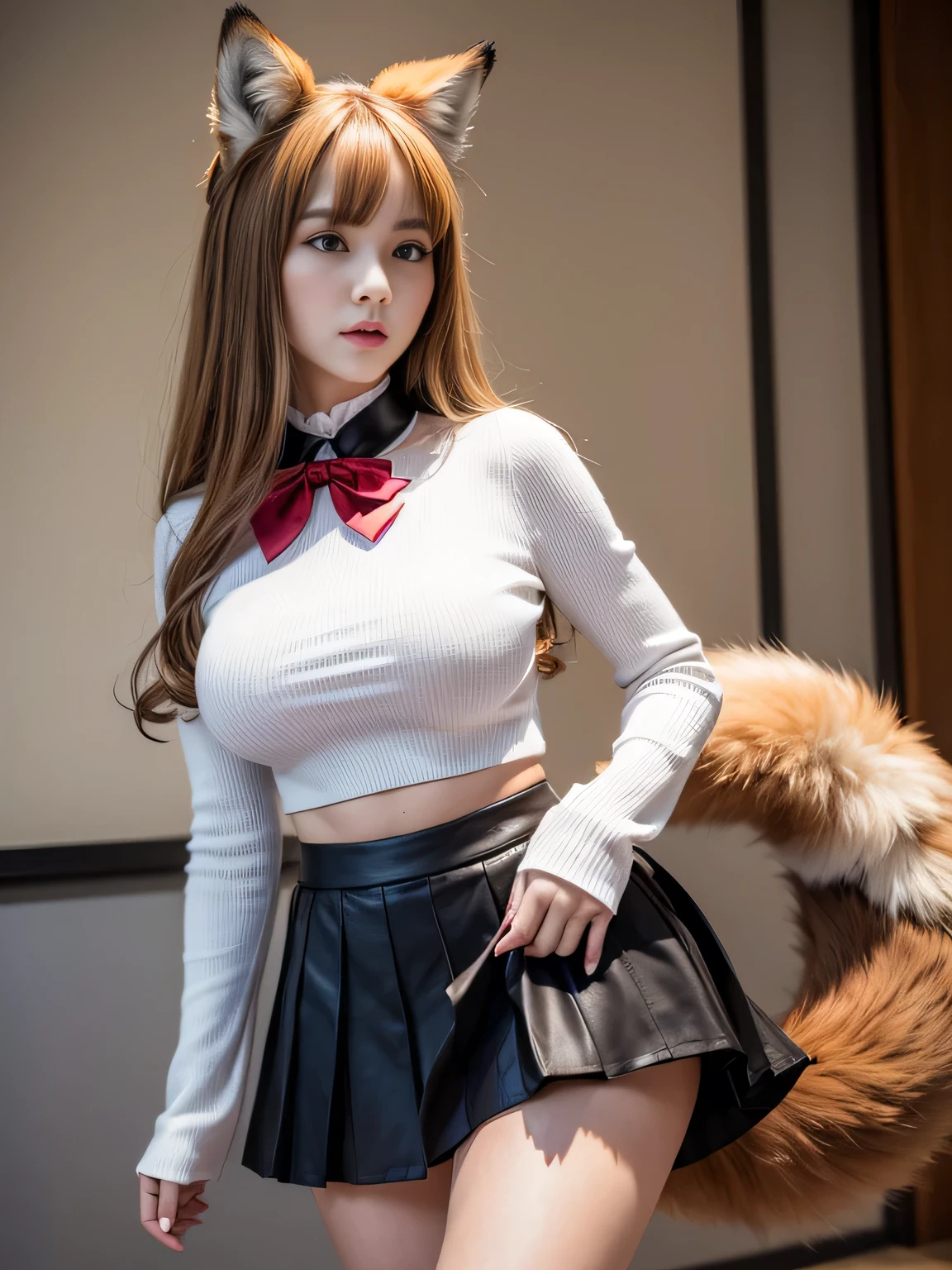 ((Highest quality, 8k)), ((masterpiece)), (Highest Resolution), Perfect Face, fox girl, high school girl, Beautiful woman, public, Has one tail, She has thick thighs, a large tail, She has a red fox tail, She wags her tail, Troubled face, fur collar, She wears a short skirt, Beautiful Hips , , The skirt is rolled up with a big tail