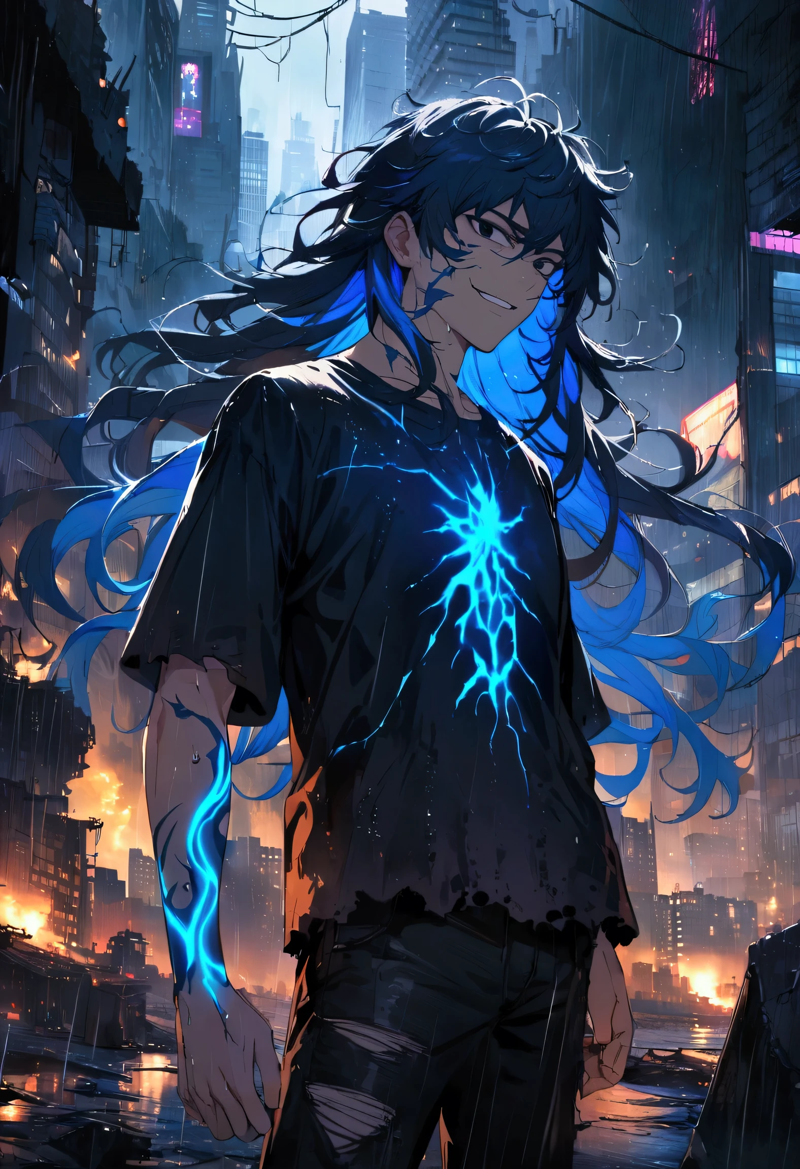 boy, Messy hair, long hair, multicolored bright black and blue hair, black eyes and multicolored blue, evil grin, ripped dark blue shirt, dark brown ripped pants, blue tattoos on the body, electric aura around the character, scenery in a destroyed night city with skyscrapers in the middle of rain.
