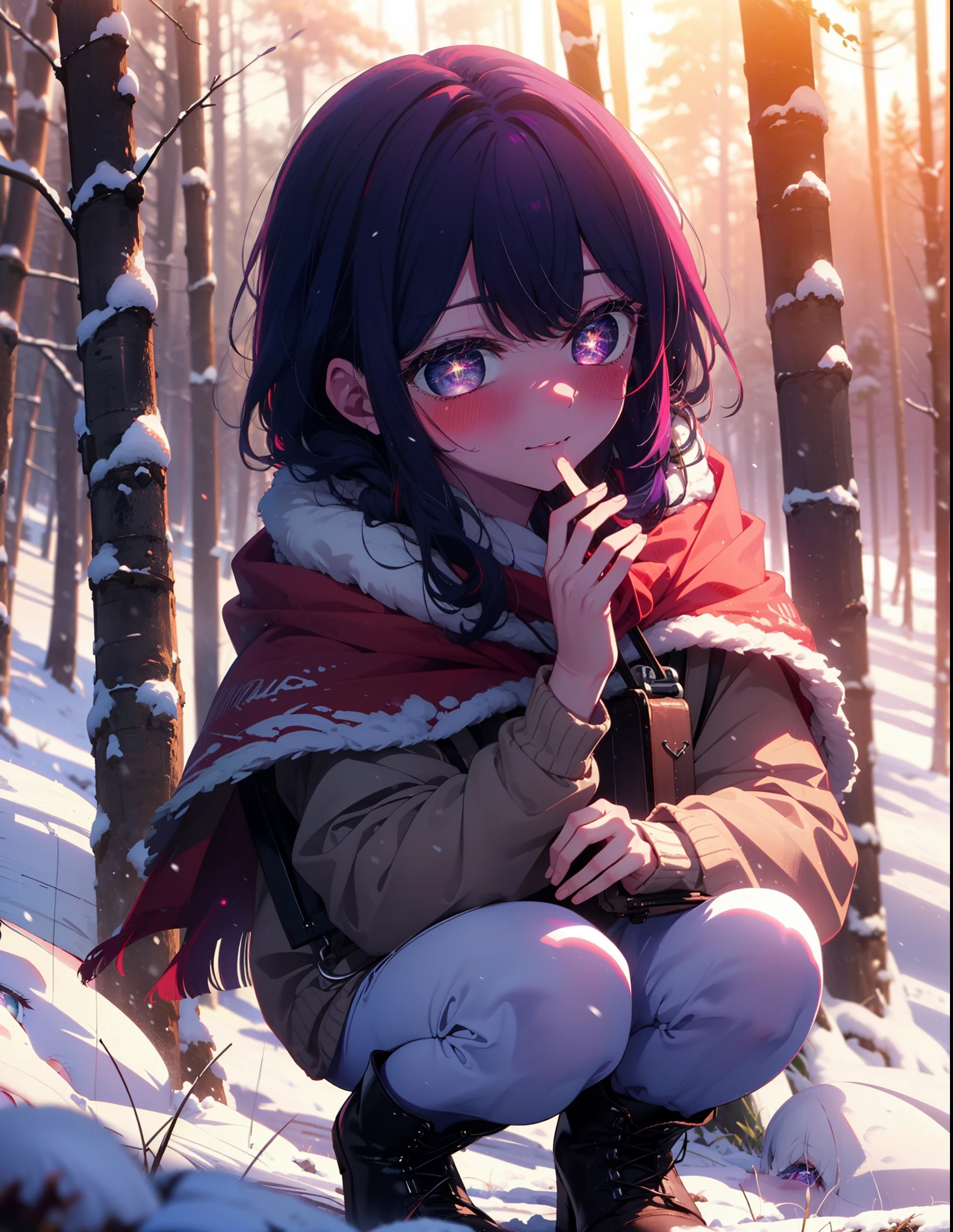 aihoshino, Ai Hoshino, Long Hair, bangs, (Purple eyes:1.1), Purple Hair, (Symbol-shaped pupil:1.5), smile,,smile,blush,white breath,
Open your mouth,snow,Ground bonfire, Outdoor, boots, snowing, From the side, wood, suitcase, Cape, Blurred, , forest, White handbag, nature,  Squat, Mouth closed, Cape, winter, Written boundary depth, Black shoes, red Cape break looking at viewer, Upper Body, whole body, break Outdoor, forest, nature, break (masterpiece:1.2), Highest quality, High resolution, unity 8k wallpaper, (shape:0.8), (Beautiful and beautiful eyes:1.6), Highly detailed face, Perfect lighting, Extremely detailed CG, (Perfect hands, Perfect Anatomy),