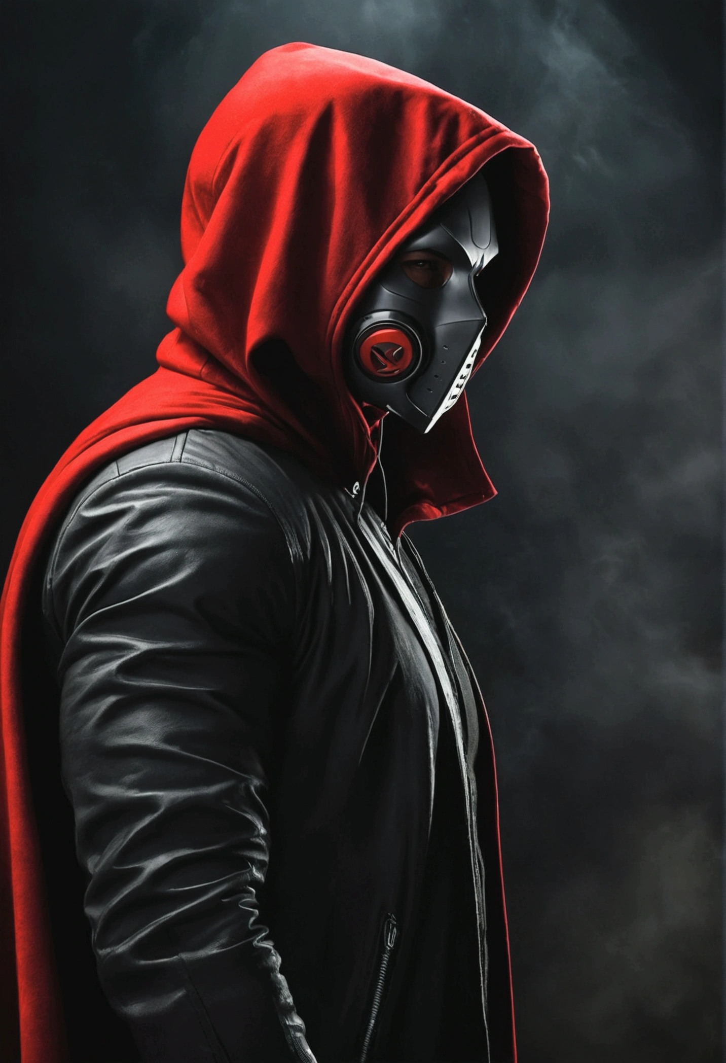 in a side pose, a mysterious man stands against a dark and mysterious background. His red hood and mask give him an air of secrecy., while your headphones suggest the music that keeps you company in this dark world.