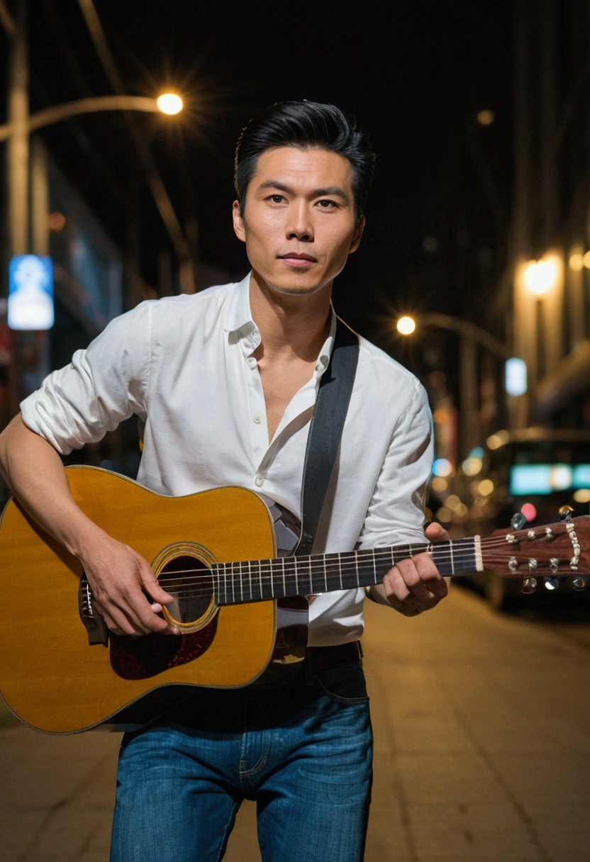 Realistic portrait in Vancouver night streets, looking at the camera from the front, urban style, super detail masterpiece, pore detail :1.2, shot with sony a7 mark 4, handsome Chinese man 30 years old, thin man, (portrait: 0.5), candid man posing, wearing white shirt and blue jeans, youthful look, (short black hair), shot with sony 18mm lens, wide view, photography techniques used: rule of thirds, centering and symmetry, foreground interest and depth, (frame to frame), (spatial rules), (shot from below), he is playing guitar.