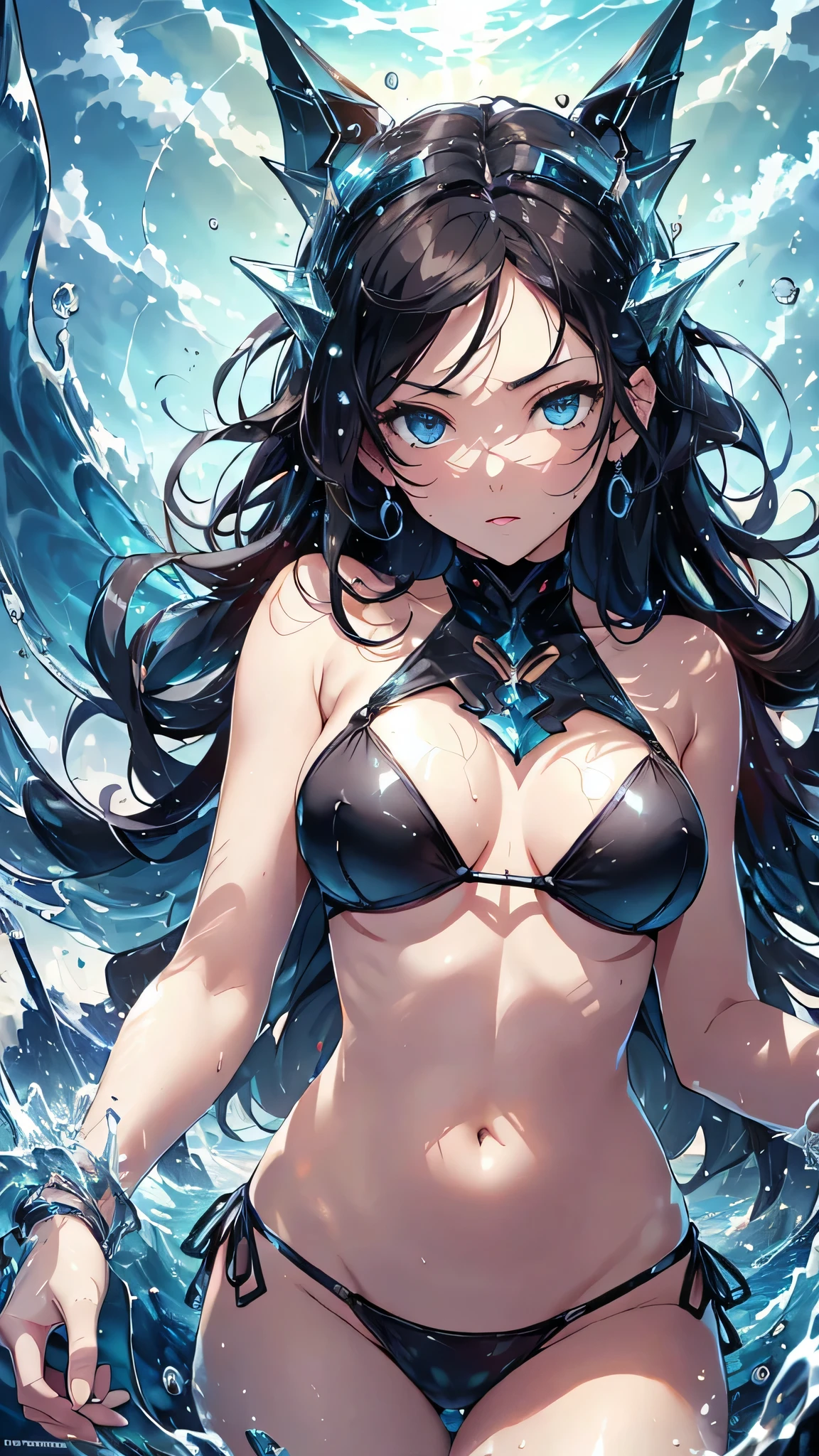 最high quality、Best image quality、masterpiece、With a girl((cute、、Best Bust、Medium Bust、Beautiful Blue Eyes、Spread your chest wide,Black Hair、Disheveled Hair、thin、Highest Valley、Black Bikini(1:2)、My whole body is wet、swim、Sea Floating、Have a cider)）high quality、Beautiful art、background((Sea、deep sea、shark、Space Sky)),Tabletop、Exquisite design、Visual Arts、Written boundary depth、Best lighting、Highest detail、8ｋ