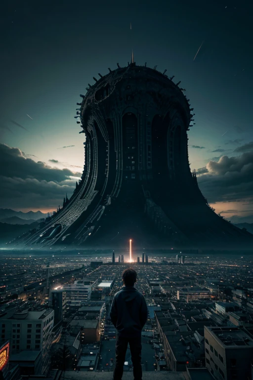 A boy stands and watches as a large extraterrestrial creature destroys his city. Wide anime format