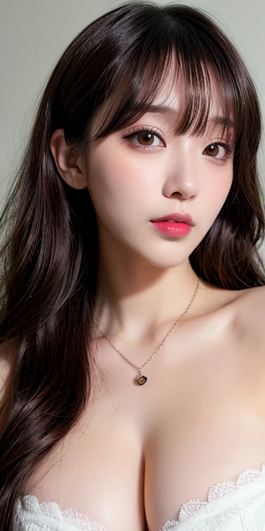 Canon RF85mm f/1.2,masterpiece,best quality,Ultra-high resolution,Venture Capital,1 girl,(Korean mixed,Korean Idol:1.2),Solitary,White_shining_skin,black eyes,necklace,((Brown_long_Wavy_hair)),((pink_shining_Lips)),eyelash,Bangs,Production,cosmetic,shining,Pores,skin texture,bracelet,Off-shoulder,transparent,Large Breasts