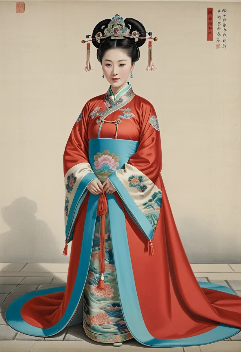 A woman seen from the front, facing forward with both feet on the ground, in a ski jumping pose. Empress of the Qing Dynasty, Chinese imperial court. The empress of China is wearing a crown and a red Manchu dress with a floral pattern, open at the front, exposing her chest, lower abdomen, thighs and feet.。She is wearing no underwear, and her large breasts are exposed, right down to her bare stomach. Her hair is tied up and pulled up, and the background is the stone pavement of the Chinese palace of the Qing Dynasty.