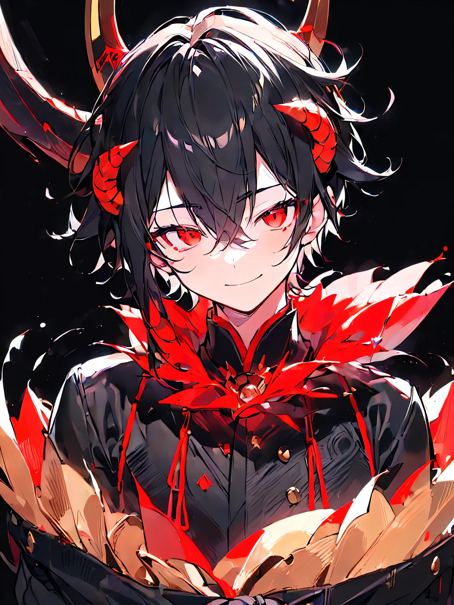 ((BLACK BACKGROUND:1.5)), masterpiece, best quality, ultra detailed, exquisite, beautiful, highres, abyss, ((1 boy)), shota, oni, ((evil smile)), looking at viewer, men's short hair, hair covering eyes, black hair, red eyes, japanese clothes, with a scar, with horns, -yeld, oide, upper body, ((headshot))