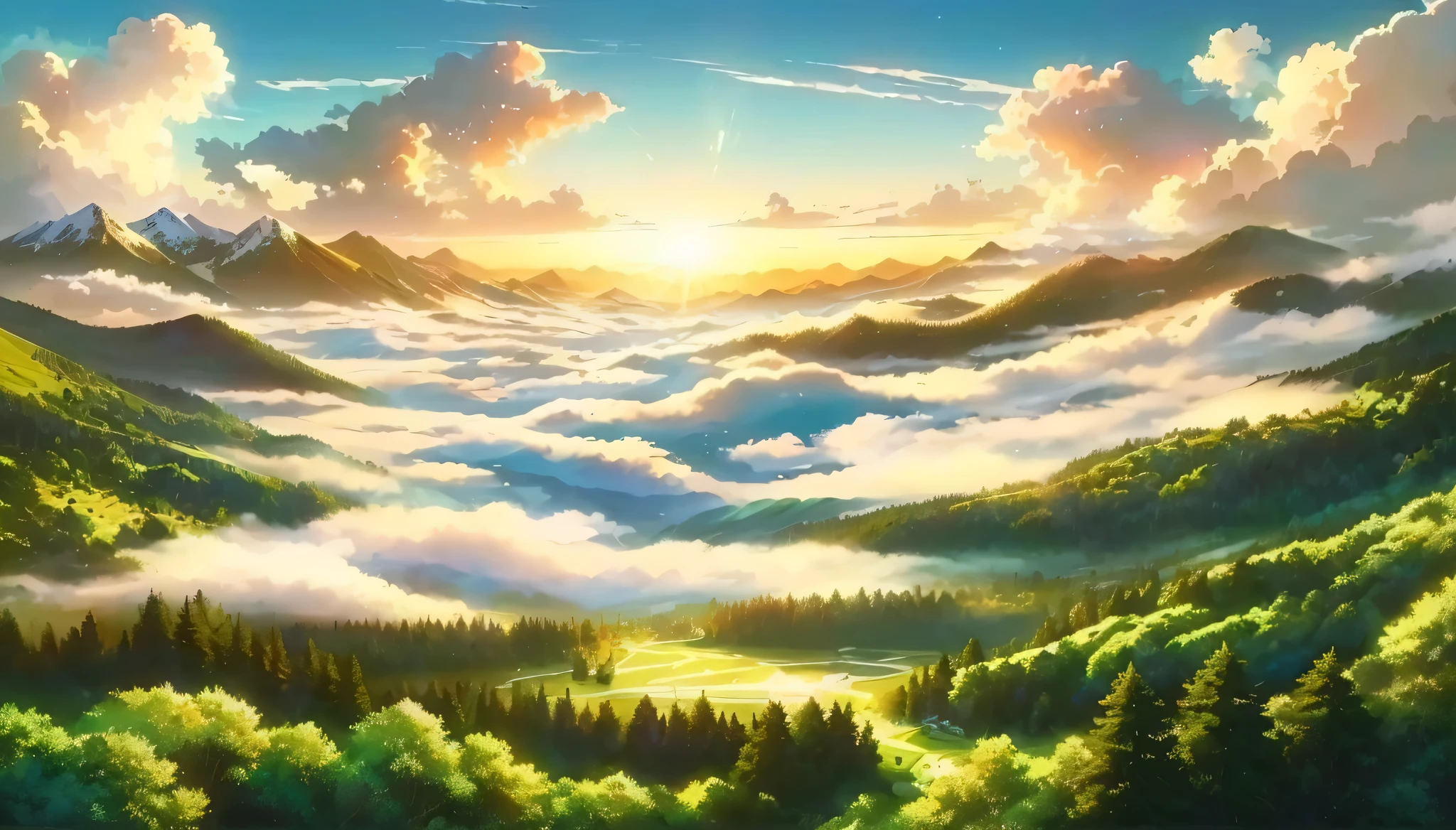 a painting of a mountain landscape with a valley and clouds, anime nature, made of tree and fantasy valley, anime landscape wallpaper, anime countryside landscape, anime landscape, studio ghibli sky, beautiful anime scenery, anime background art, anime background, anime clouds, beautifull puffy clouds. anime, anime beautiful peace scene, sky forest background, anime movie background, studio ghibli sunlight