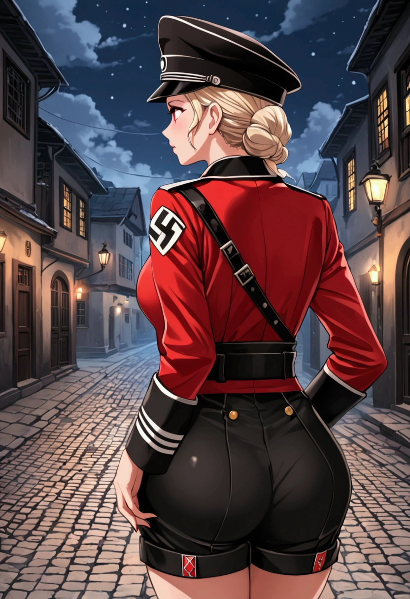 Elsa nazi uniform black and red, nazi hat, not pants Fishnet, View from behind