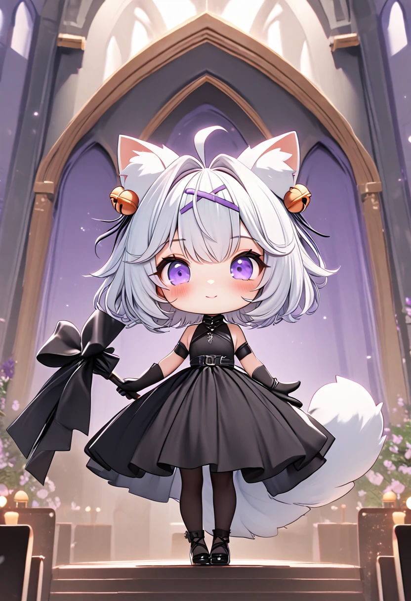 master piece, best quality, ultra-detailed, illustration, 1girl, solo, chibi, (big head), cute pose, front view, looking at viewer, ((full body Close up)), Filiansailor, (purple hairclip:1.5), hair bell, white hair, short hair, cat ears, ahoge, purple eyes, blush, smiling, fluffy tail, long black gown, high slit gown, black arm sleeve, black gloves, holding umbrella, black leg stockings, black high heals, church background, altar, center isle
