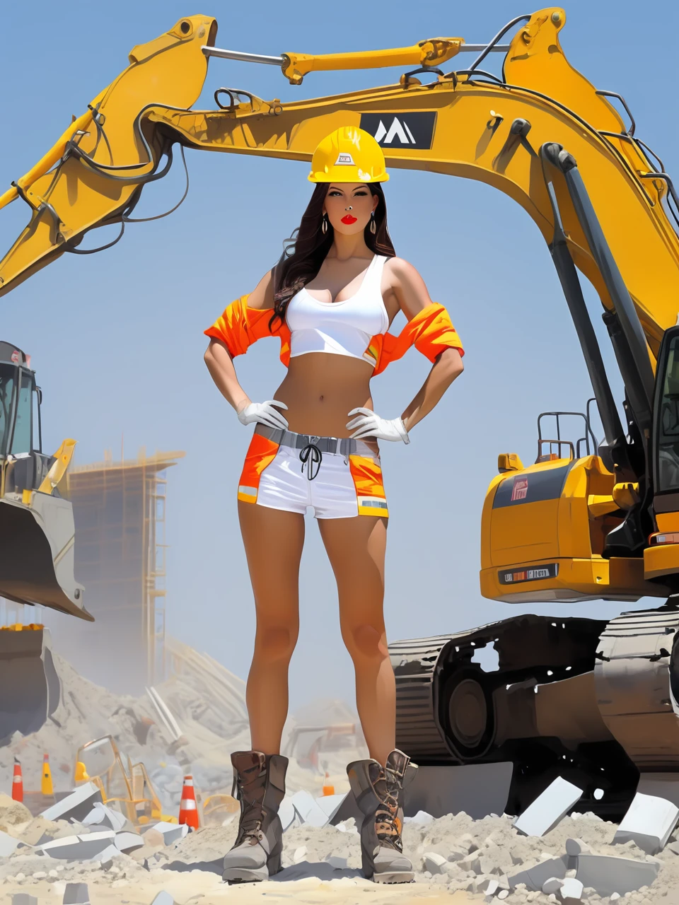 Sexy calendar model dressed as a construction worker in a power pose, arms akimbo, posing in front of a massive excavator. She is dressed in safety gear, with a white hard hat and a pair of white short shorts, heavy boots. The excavator looms behind her, its metal frame and bright yellow color contrasting with the gray construction site. Style by J.C. Leyendecker. 