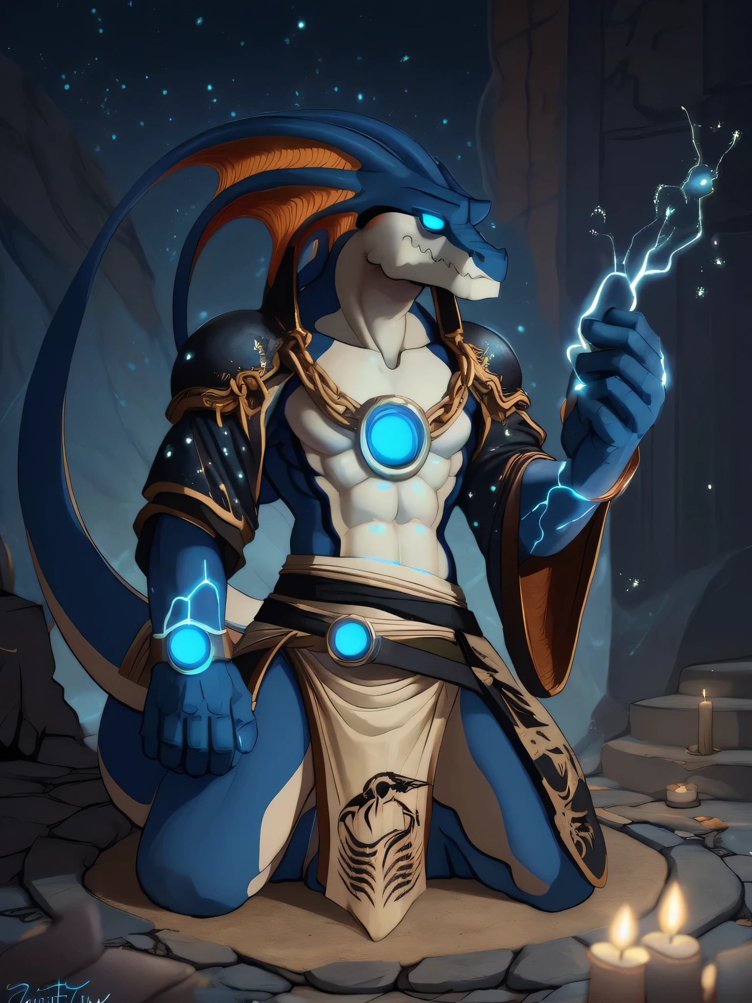 Lakius, alone, man, to, (stalwart), shaman, armor, (man anthro dragon), (kneel:1.3), (Kimono:1.4) (pray:1.23), (Tribal clothing, long loincloth), Detailed eyes, dragon tail, ((breast pictures)), (Detailed eyes, blue eyes, glowing eyes:1.1), (outdoor:1.35), altar, electricity, smoke, forest, candle, nighttime, (particle ,electricityfly, fluorescent blue:1.3), Detailed background, 8k hd, (dark shadow, Wide dynamic range, HDR, electricityต่ำ:1.2), By Pino Dani, canyne announcement, Milky Tiger1145, Dagasi, can, only
