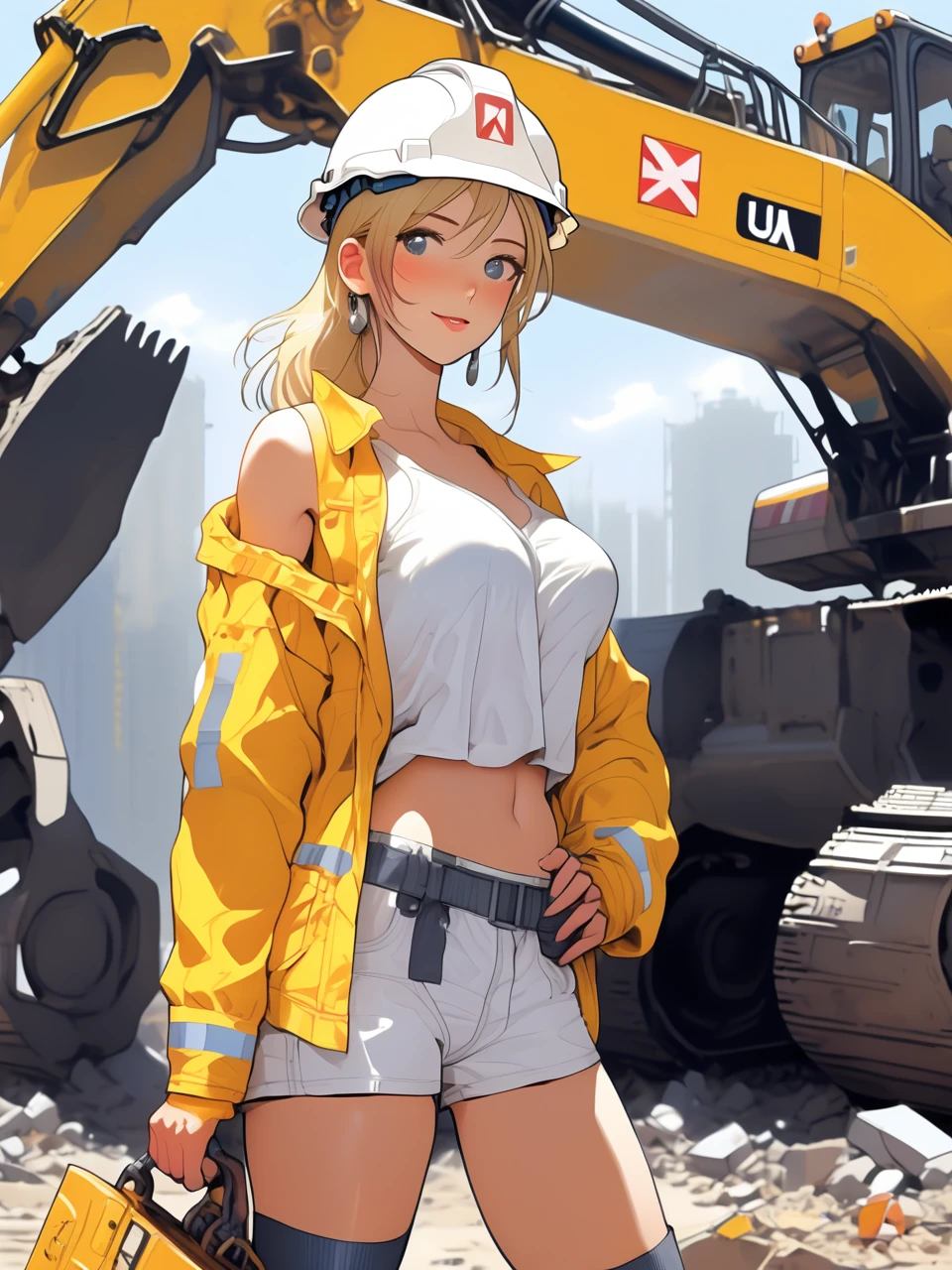 Sexy blonde dressed as a construction worker in a power pose, arms akimbo, posing in front of a massive excavator. She is dressed in safety gear, with a white hard hat and a pair of white short shorts, heavy boots. The excavator looms behind her, its metal frame and bright yellow color contrasting with the gray construction site. Style by J.C. Leyendecker.  Style by Makoto Shinkai