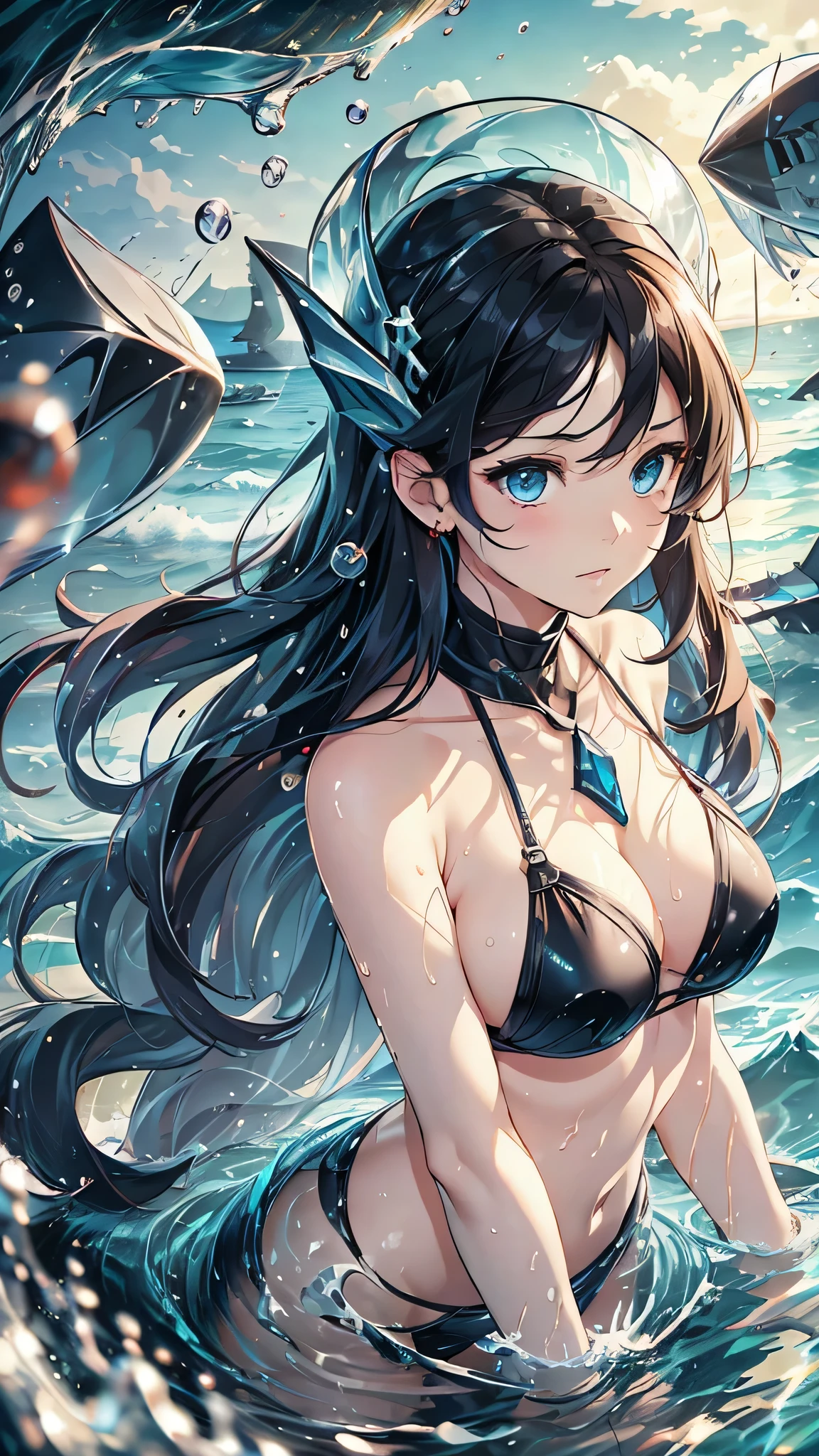 最high quality、Best image quality、masterpiece、With a girl((cute、、Best Bust、Medium Bust、Beautiful Blue Eyes、Spread your chest wide,Black Hair、Disheveled Hair、thin、Highest Valley、Black Bikini(1:2)、My whole body is wet、swim、Sea Floating、Have a cider))high quality、Beautiful art、background((Sea、deep sea、shark、Space Sky)),Tabletop、Exquisite design、Visual Arts、Written boundary depth、Best lighting、Highest detail、8k