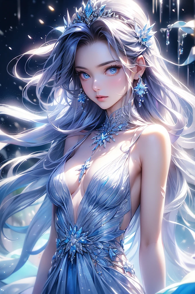 (Upper body photo:1.5)、dutch angle. wood, Exquisite mini ice spikes and crystals, A frozen waterfall in the background, Light reflected by ice crystals, Flowing snowflakes.1 girl、pretty girl,A realistic person,Beautiful ,((small breasts)legs、Tight waist、standing, Long dress