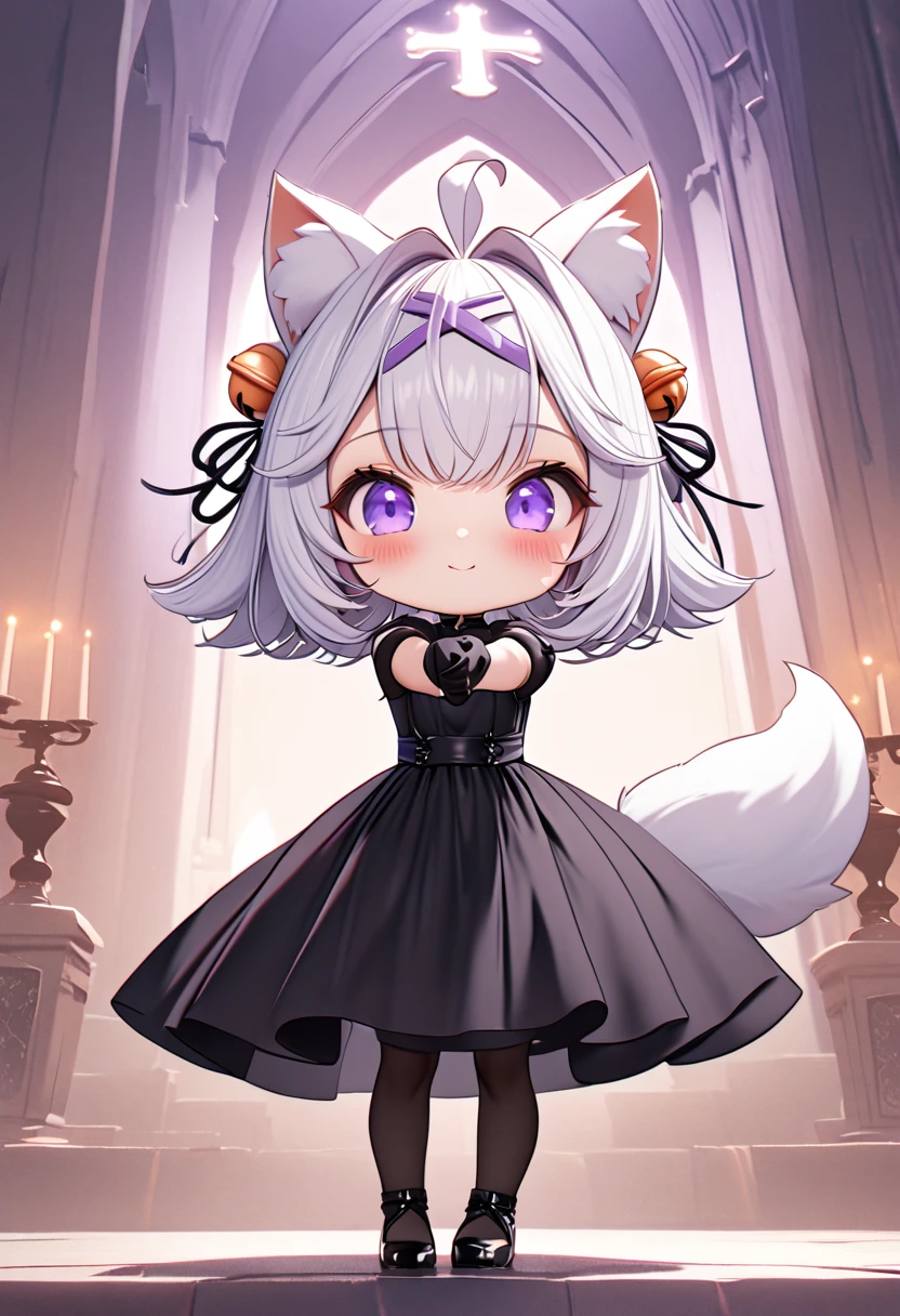 master piece, best quality, ultra-detailed, illustration, 1girl, solo, chibi, (big head), cute pose, front view, looking at viewer, ((full body Close up)), Filiansailor, (purple hairclip:1.5), hair bell, white hair, short hair, cat ears, ahoge, purple eyes, blush, smiling, fluffy tail, long black gown, high slit gown, black arm sleeve, black gloves, holding pistol, black leg stockings, black high heals, church background, altar, center isle