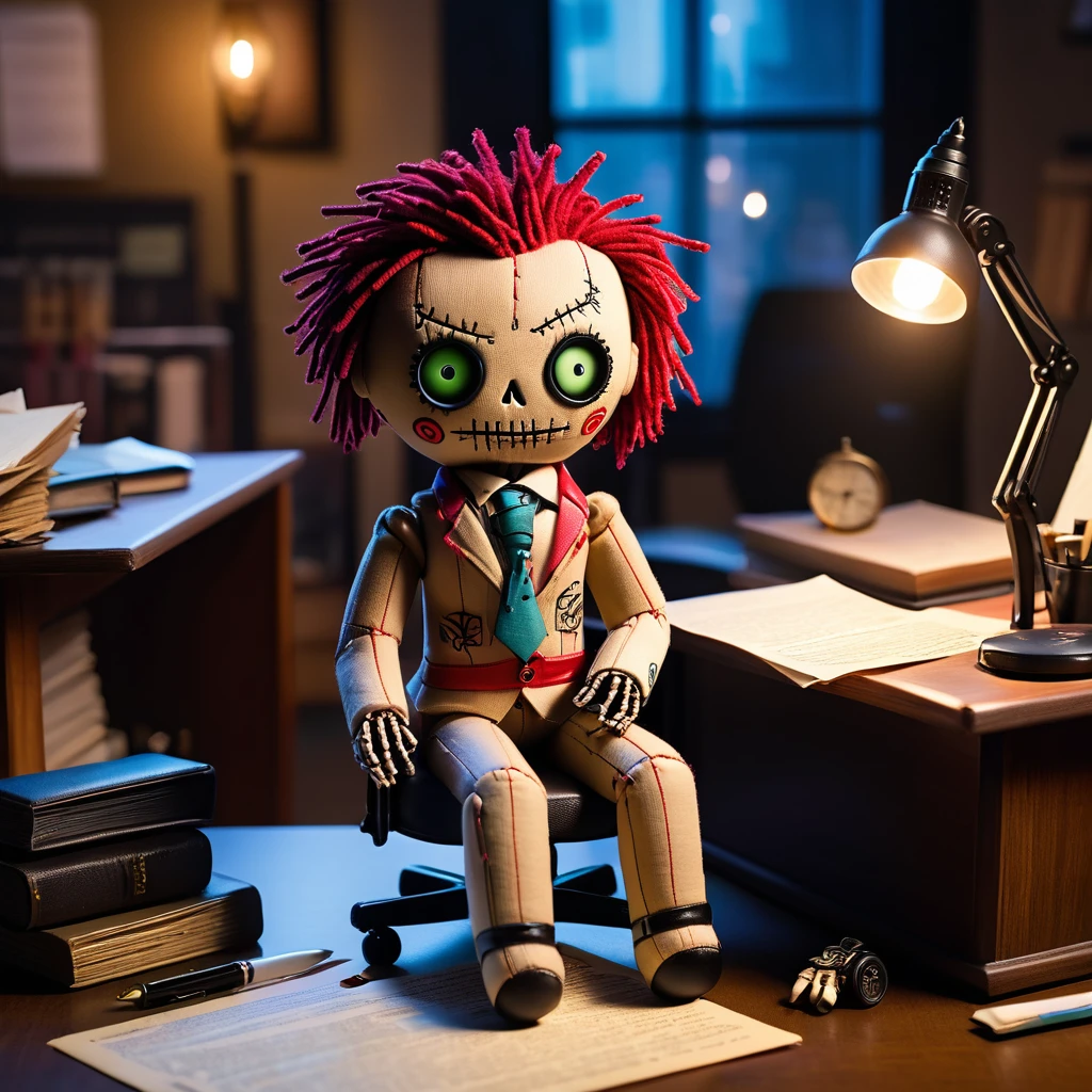 (knitted toy voodoo doll:1.7), (Voodoo Financial Analyst:1.3), (Clothing: professional attire with glowing financial graphs and magical symbols:1.0), (Accessories: enchanted calculator emitting sparks of wealth, levitating financial reports with spectral predictions:1.1), (background: mystical finance office with floating ledgers, glowing market analyses, and ethereal financial spirits:1.2), best quality, masterpiece, detailed soft oil painting, detailed background, dramatic cinematic lighting, soft edge lighting, professional, dramatic lighting, hard edge lighting, ultra quality, 4k, masterpiece, best quality, 8k, ultra high definition, high resolution, extremely detailed
