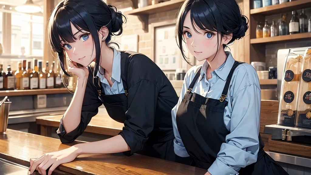 1 girl, adult, dark blue hair, messy hair, Medium hair, light blue eyes, black shirt, black jeans, beige apron, work, Bartender, Waiter, Coffee brewing, cafe bar, concentration, look away, be happy, warmสบาย, cool, illustration, Masterpiece, Ghibli, perfection, High quality, converse shoes, Behind the bar counter, do her work, customer, Sunny, black cross earrings, anime , warm, gold temperature