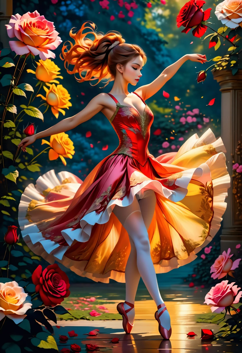a portrait of female classical ballet prima ballerina dancer in the ((middle of blossoming rose: 1.5)), a full body picture ((anatomically correct: 1.5)) of a exquisite beautiful female dancer wearing silk evening dress, intricate dress dynamic hair color, dynamic hair style, dynamic skin complexion, wearing ballet shoes, wearing thigh highs, she is standing in the middle of a magnificent, epic rose, she stands in the middle of the flower, dynamic background,  vibrant, Ultra-high resolution, High Contrast, (masterpiece:1.5), highest quality, Best aesthetics), best details, best quality, highres, 16k, (ultra detailed: 1.5), masterpiece, best quality, (extremely detailed) RAW, (ultra details, Masterpiece, best quality), Cinematic Hollywood Film, artxldnc, 
