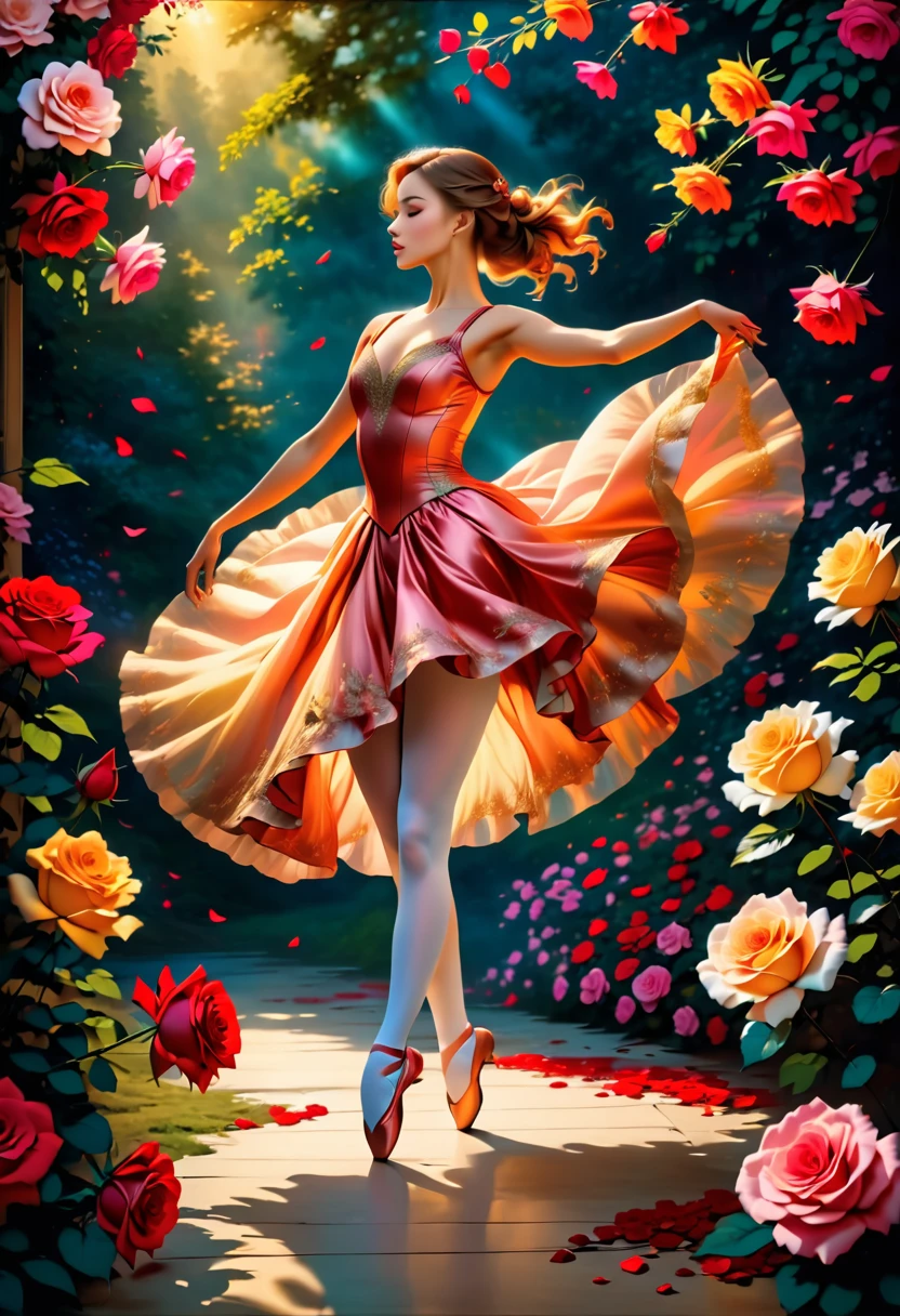 a portrait of female classical ballet prima ballerina dancer in the ((middle of blossoming rose: 1.5)), a full body picture ((anatomically correct: 1.5)) of a exquisite beautiful female dancer wearing silk evening dress, intricate dress dynamic hair color, dynamic hair style, dynamic skin complexion, wearing ballet shoes, wearing thigh highs, she is standing in the middle of a magnificent, epic rose, she stands in the middle of the flower, dynamic background,  vibrant, Ultra-high resolution, High Contrast, (masterpiece:1.5), highest quality, Best aesthetics), best details, best quality, highres, 16k, (ultra detailed: 1.5), masterpiece, best quality, (extremely detailed) RAW, (ultra details, Masterpiece, best quality), Cinematic Hollywood Film, artxldnc, 