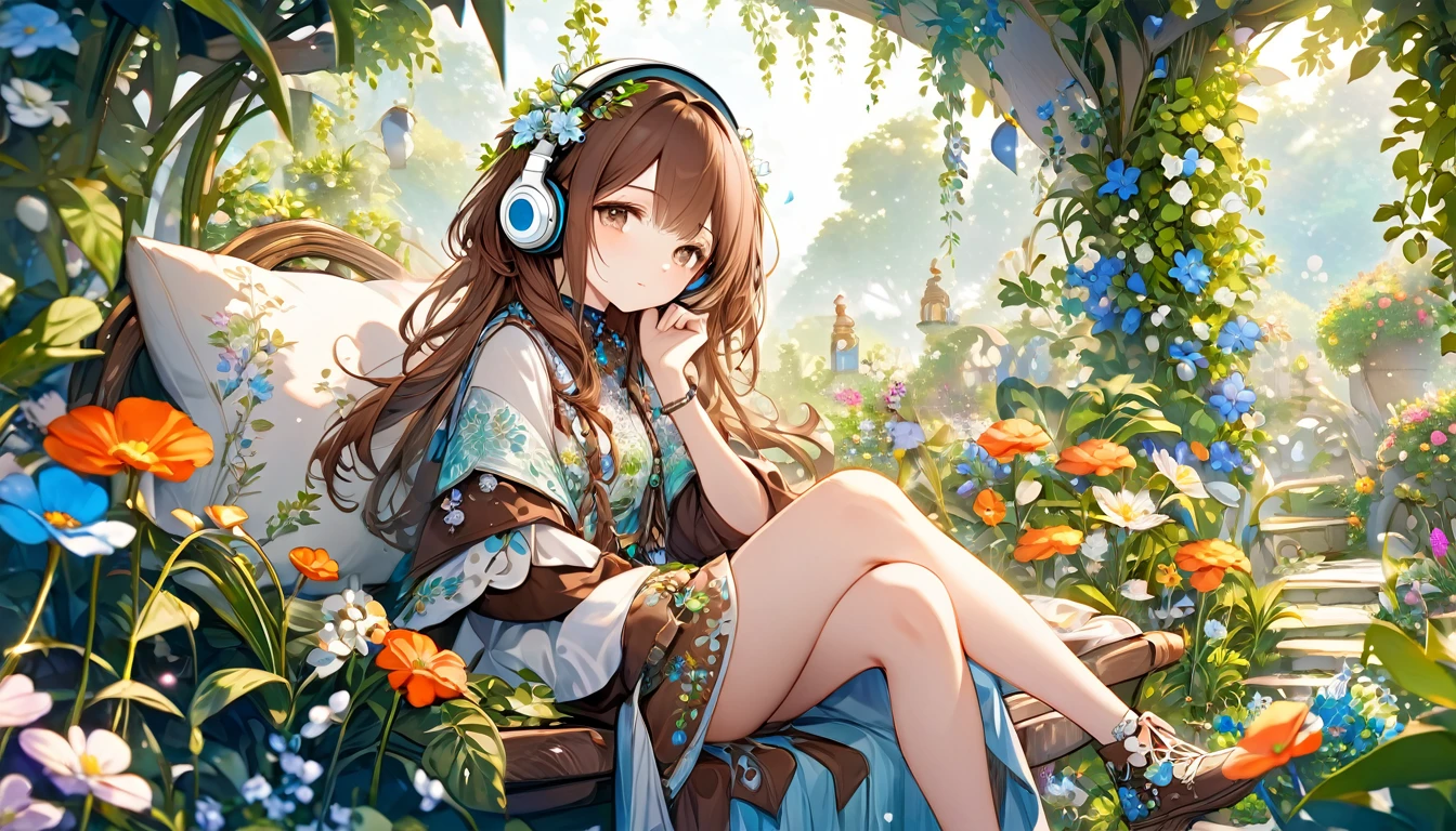 Brown-haired girl wearing headphones、Dreaming Garden - Highly detailed、masterpiece, Highest quality, Bright - with a beautiful garden as a backdrop、Dreamy look、Fantasy style attire、flower々Sitting surrounded by
(Detailed fingers), (Emotional), (Breathtakingly beautiful), (main part:1.2 Whole body), (Anime Style), (Very detailed), (超High resolution, High resolution), (8k), (Complex and beautiful: 1.2)
