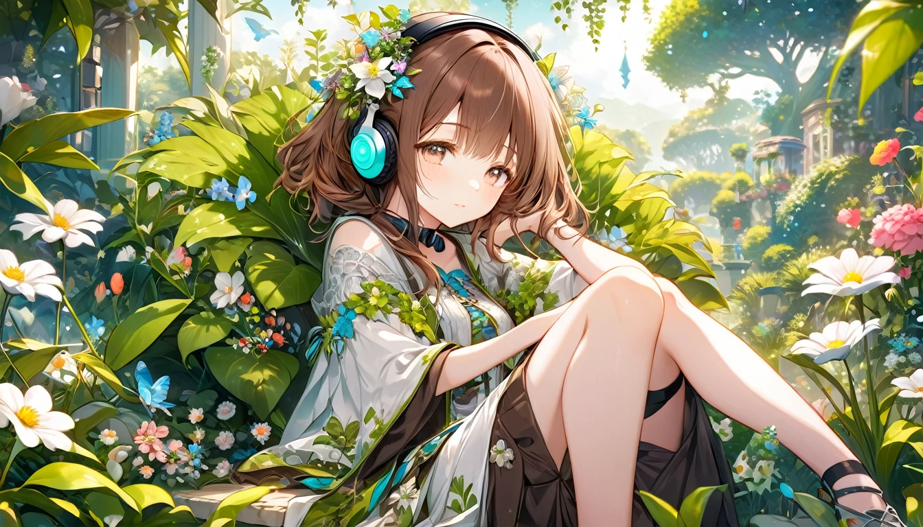 Brown-haired girl wearing headphones、Dreaming Garden - Highly detailed、masterpiece, Highest quality, Bright - with a beautiful garden as a backdrop、Dreamy look、Fantasy style attire、flower々Sitting surrounded by
(Detailed fingers), (Emotional), (Breathtakingly beautiful), (main part:1.2 Whole body), (Anime Style), (Very detailed), (超High resolution, High resolution), (8k), (Complex and beautiful: 1.2)