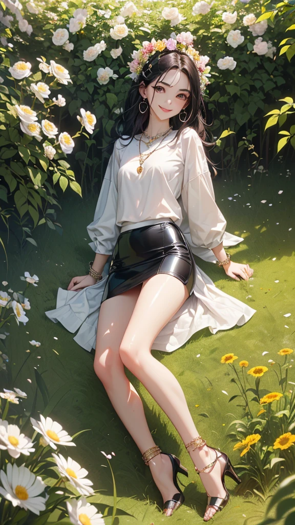 ((Biologically correct limb count))、((Full Body Shot, Full-body photo including face、Head to toe photos))、4K、masterpiece、((Focus on the face))、((Symmetrical facial features))、Eyes of meticulous depiction、Beautiful woman、Great style、Beautiful legs、(Black Stockings、High heels with anklets)、Facial details、Small earrings、necklace、((Close-up photo of the upper body))、(Latex shirt、Latex skirt)、Scenery of a park filled with seasonal flowers in full bloom、Low Angle、(smile)、