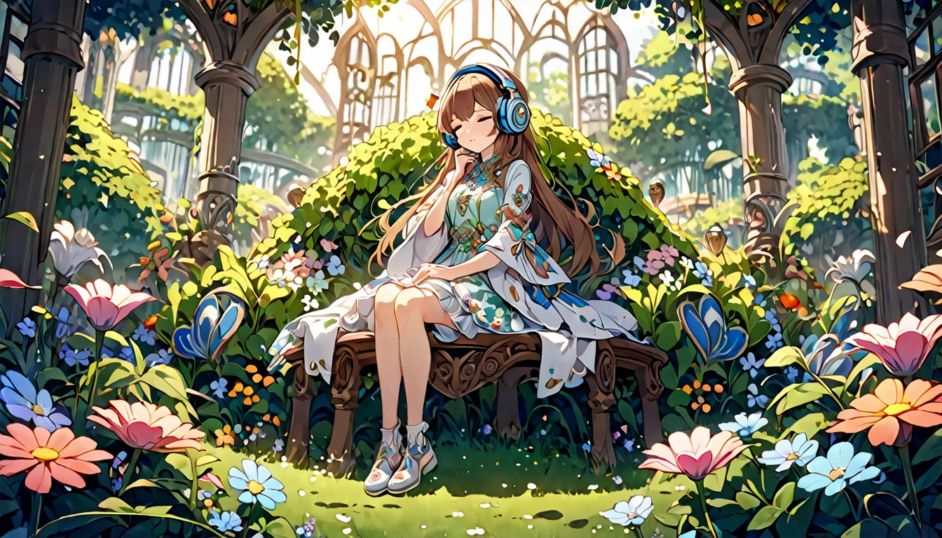 Brown-haired girl wearing headphones、Dreaming Garden - Highly detailed、masterpiece, Highest quality, Bright - with a beautiful garden as a backdrop、Dreamy look、Fantasy style attire、flower々Sitting surrounded by
(Detailed fingers), (Emotional), (Breathtakingly beautiful), (main part:1.2 Whole body), (Anime Style), (Very detailed), (超High resolution, High resolution), (8k), (Complex and beautiful: 1.2)