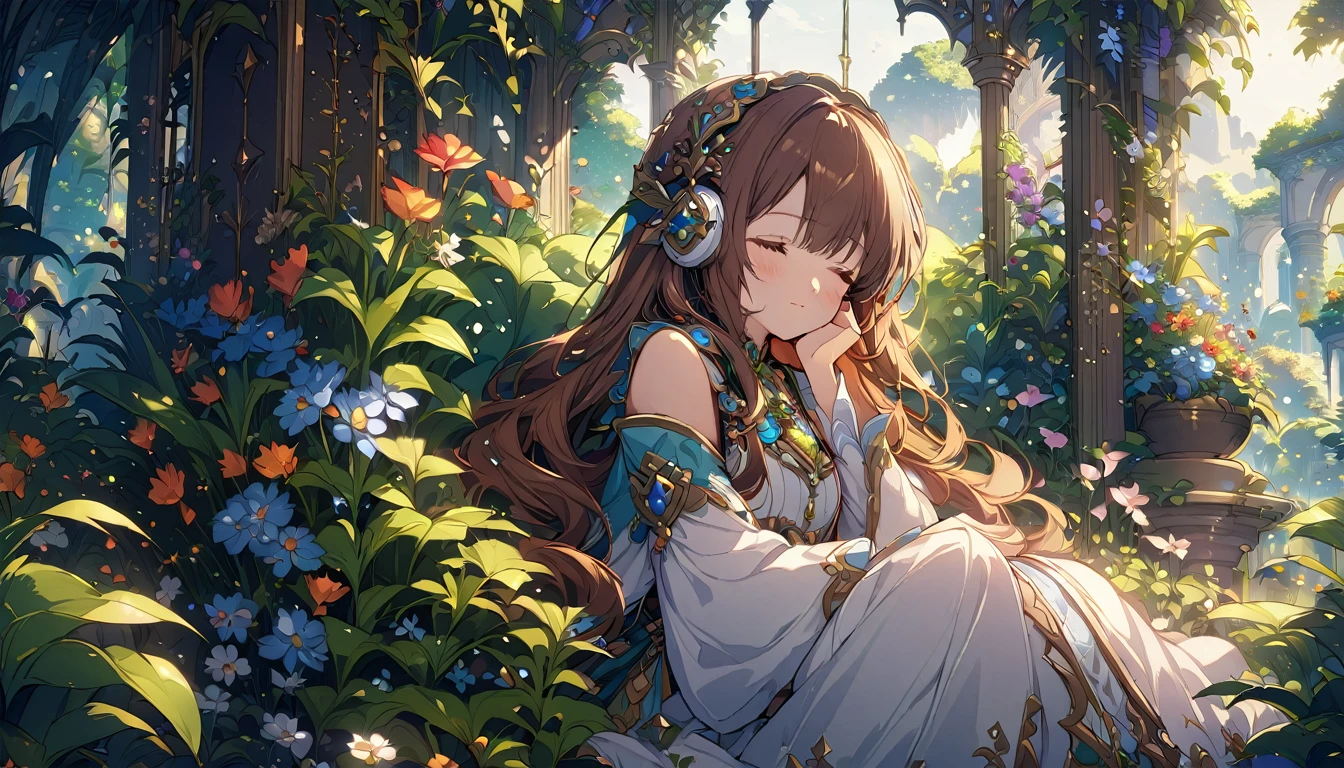 Brown-haired girl wearing headphones、Dreaming Garden - Highly detailed、masterpiece, Highest quality, Bright - with a beautiful garden as a backdrop、Dreamy look、Fantasy style attire、flower々Sitting surrounded by
(Detailed fingers), (Emotional), (Breathtakingly beautiful), (main part:1.2 Whole body), (Anime Style), (Very detailed), (超High resolution, High resolution), (8k), (Complex and beautiful: 1.2)