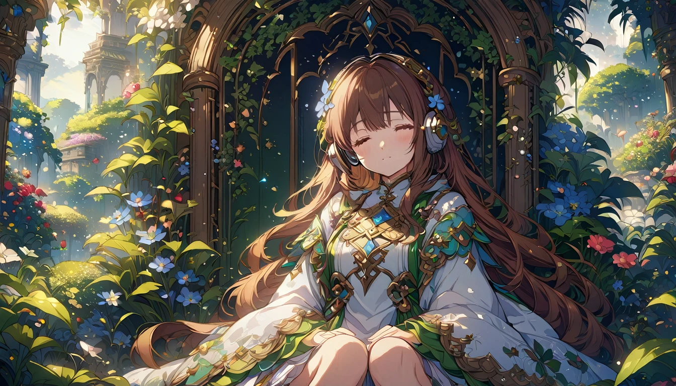 Brown-haired girl wearing headphones、Dreaming Garden - Highly detailed、masterpiece, Highest quality, Bright - with a beautiful garden as a backdrop、Dreamy look、Fantasy style attire、flower々Sitting surrounded by
(Detailed fingers), (Emotional), (Breathtakingly beautiful), (main part:1.2 Whole body), (Anime Style), (Very detailed), (超High resolution, High resolution), (8k), (Complex and beautiful: 1.2)